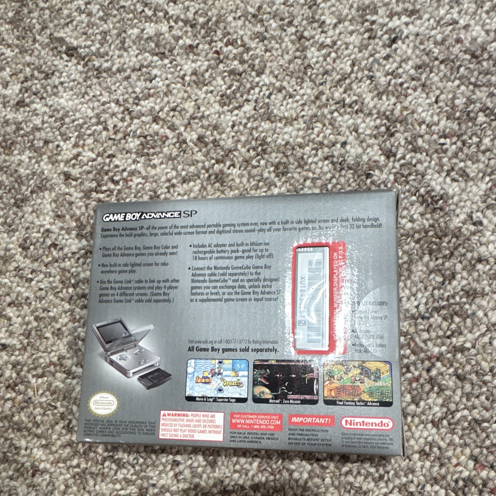 Nintendo Game Boy Advance SP Platinum Silver Retail Box Only, Foldable