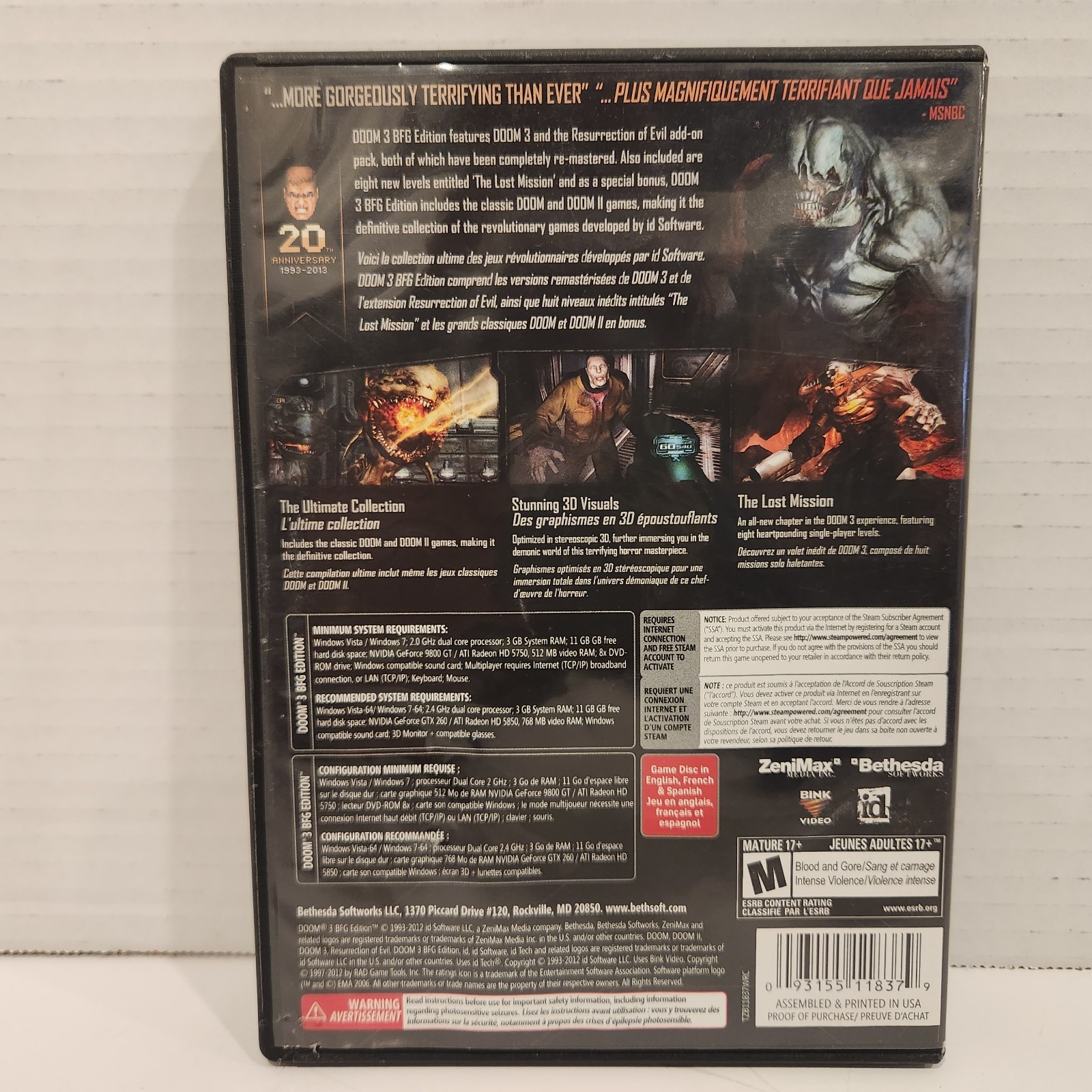 Doom 3: BFG Edition (2012, PC/DVD-ROM, Bethesda) Mature 17+ FREE SHIPPING