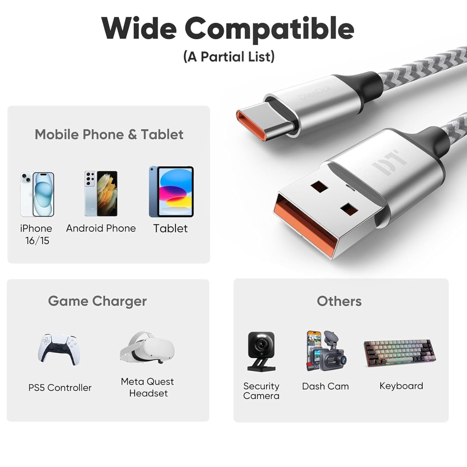 20 Ft USB C Cable Extra Long, A 2.0 to Type C 18W Fast 20 Feet, Silver