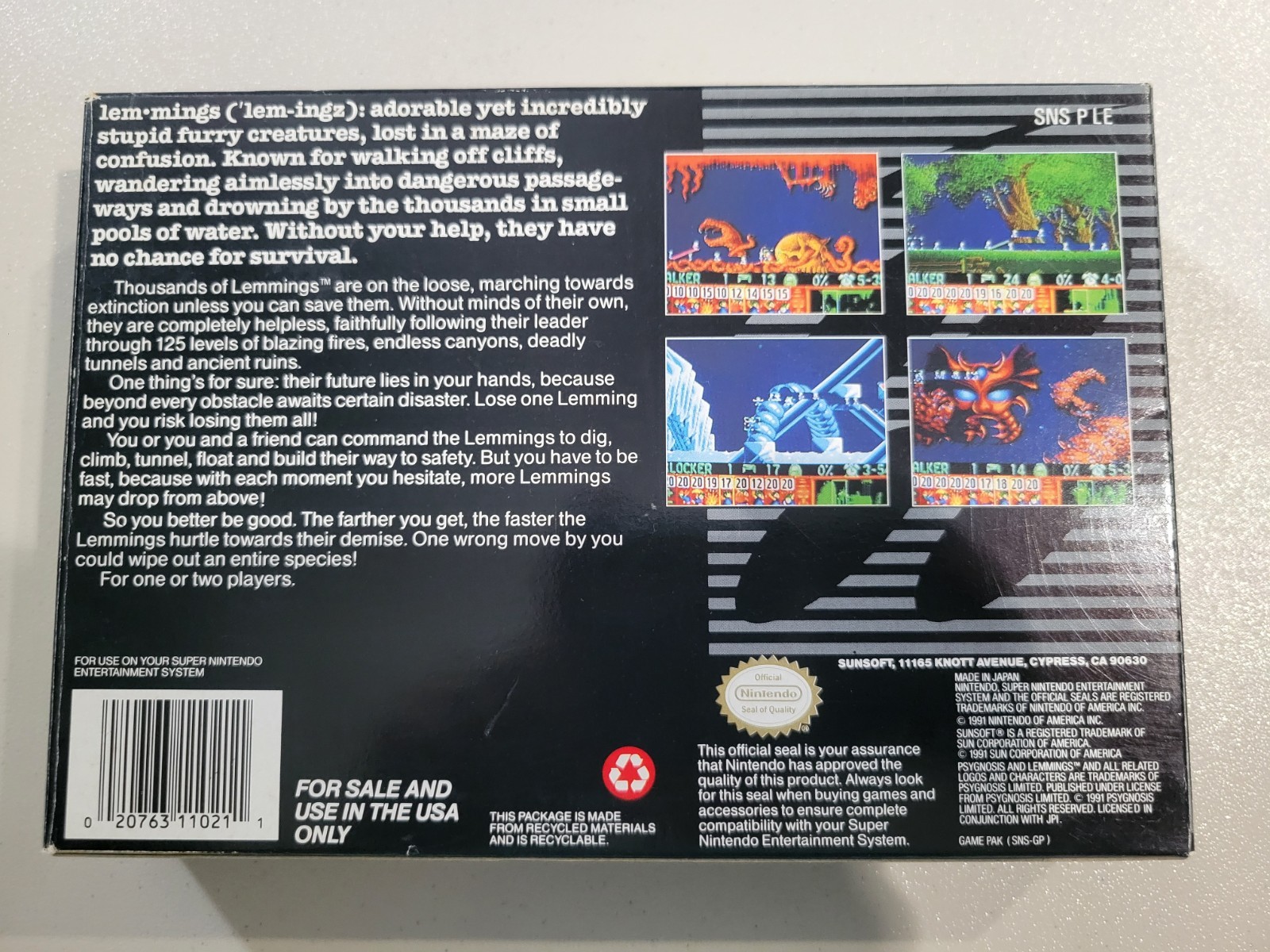 Sunsoft Lemmings SNES Complete in Box w/ Manual NTSC-U/C Puzzle Strategy 1991