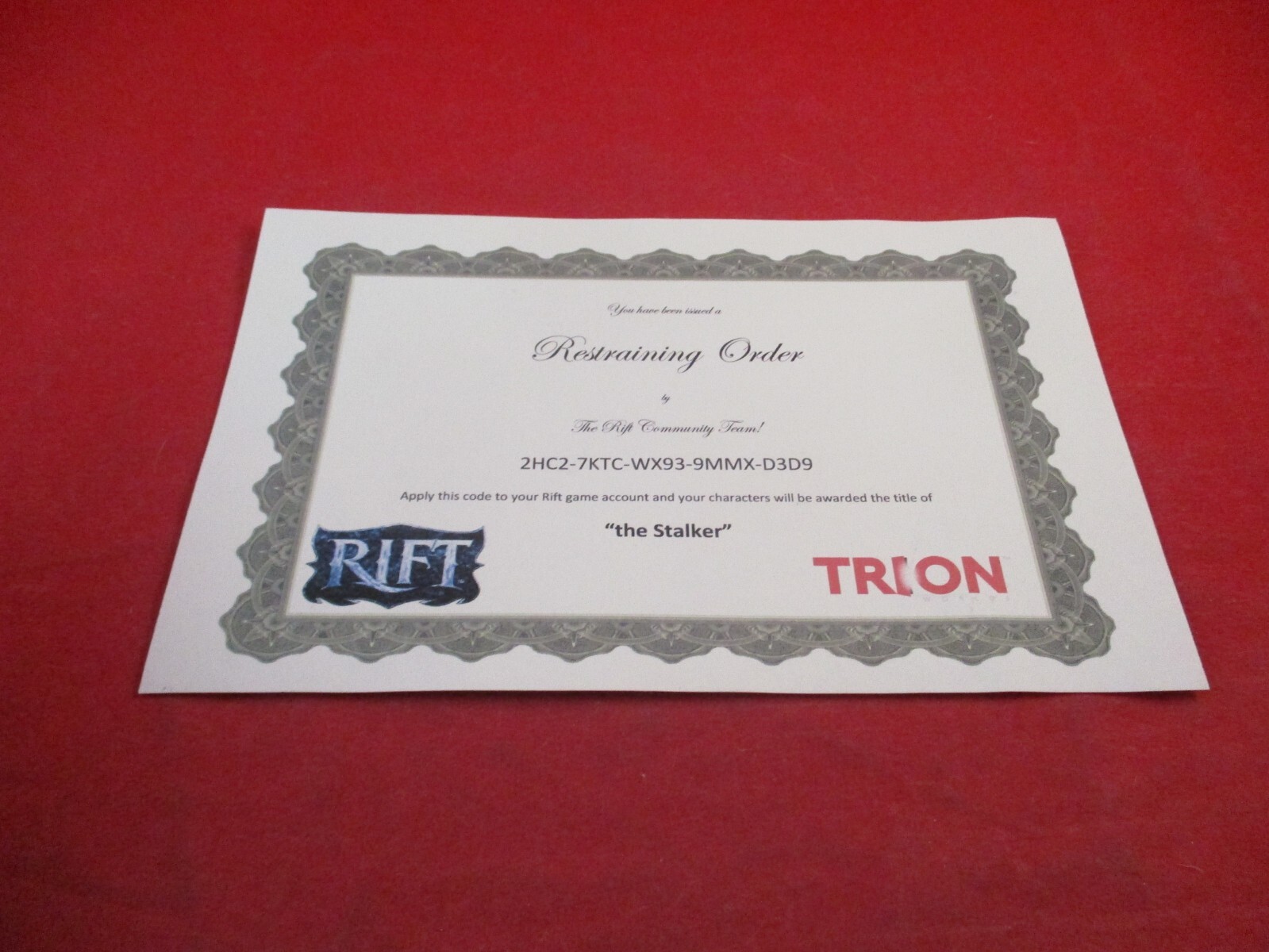 “The Stalker” Rift PC Game Trion Restraining Order PAX Promo Certificate