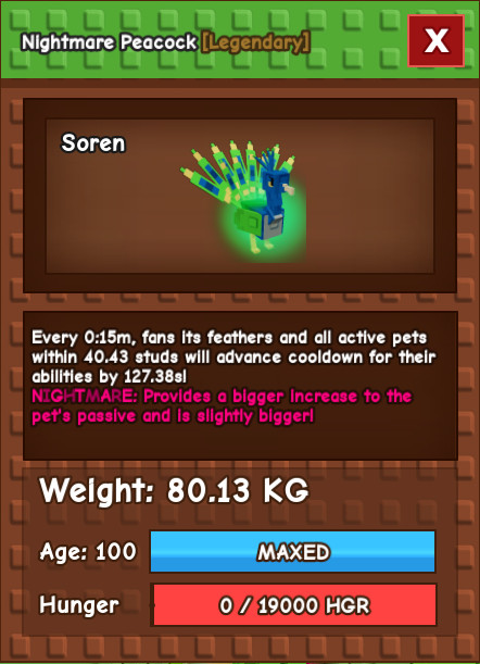 80+Kg Nightmare Peacock – 15 Seconds Cooldown No Toy
