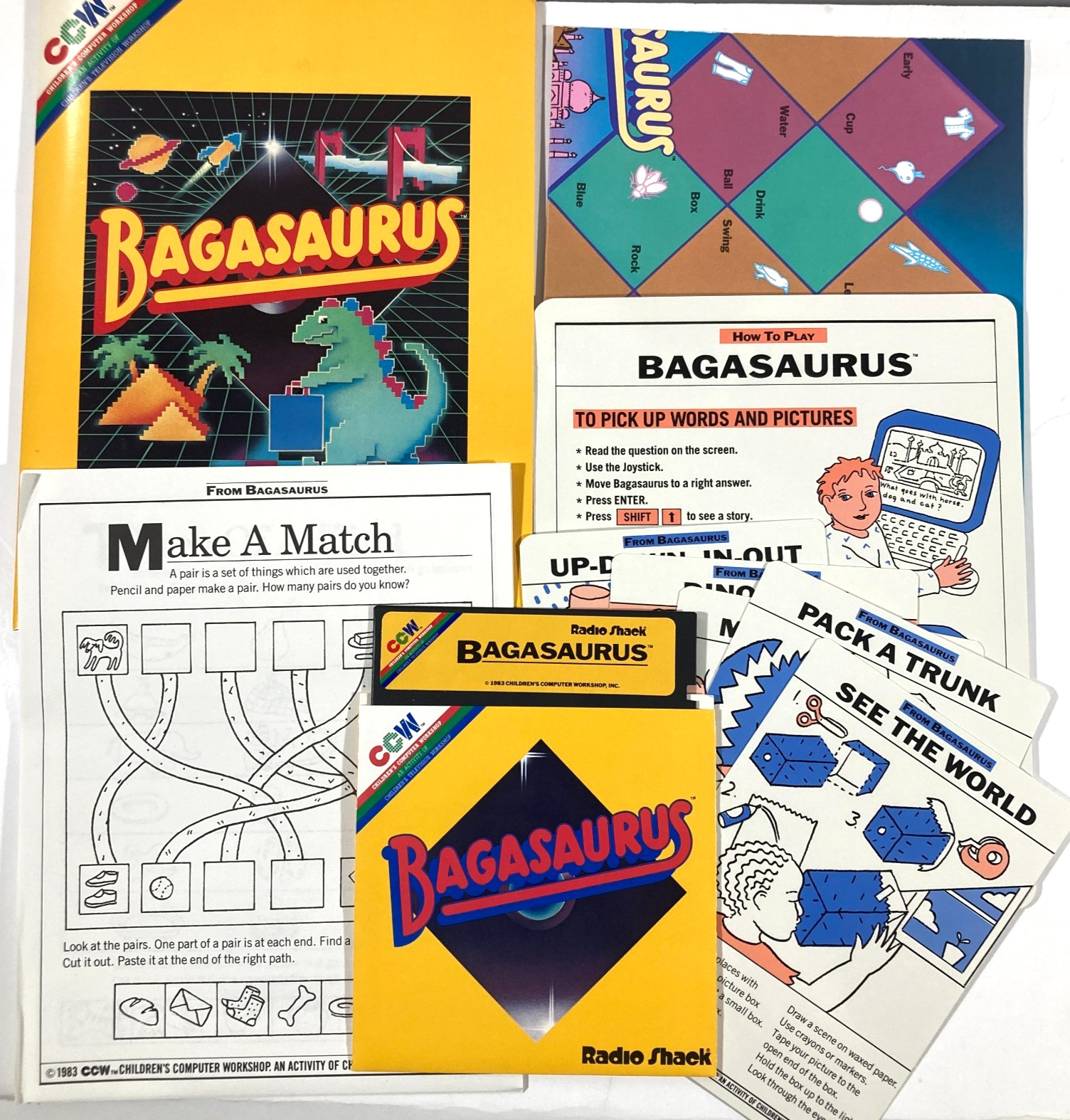 Radio Shack 1983 3-Game 5.25″ Disk Set Bagasaurus Picture Palace Roll-A-Word CCW
