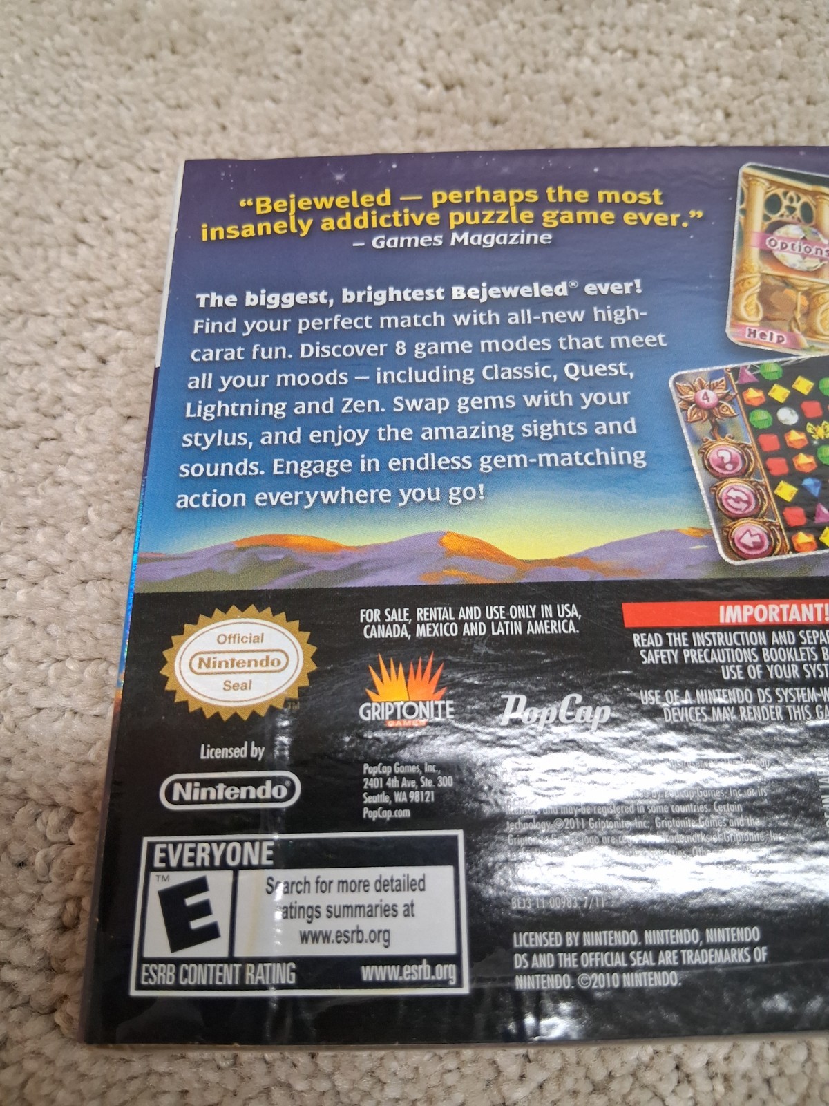 Bejeweled 3 Nintendo DS 2011 Brand New Sealed W/ Cover Pop Cap