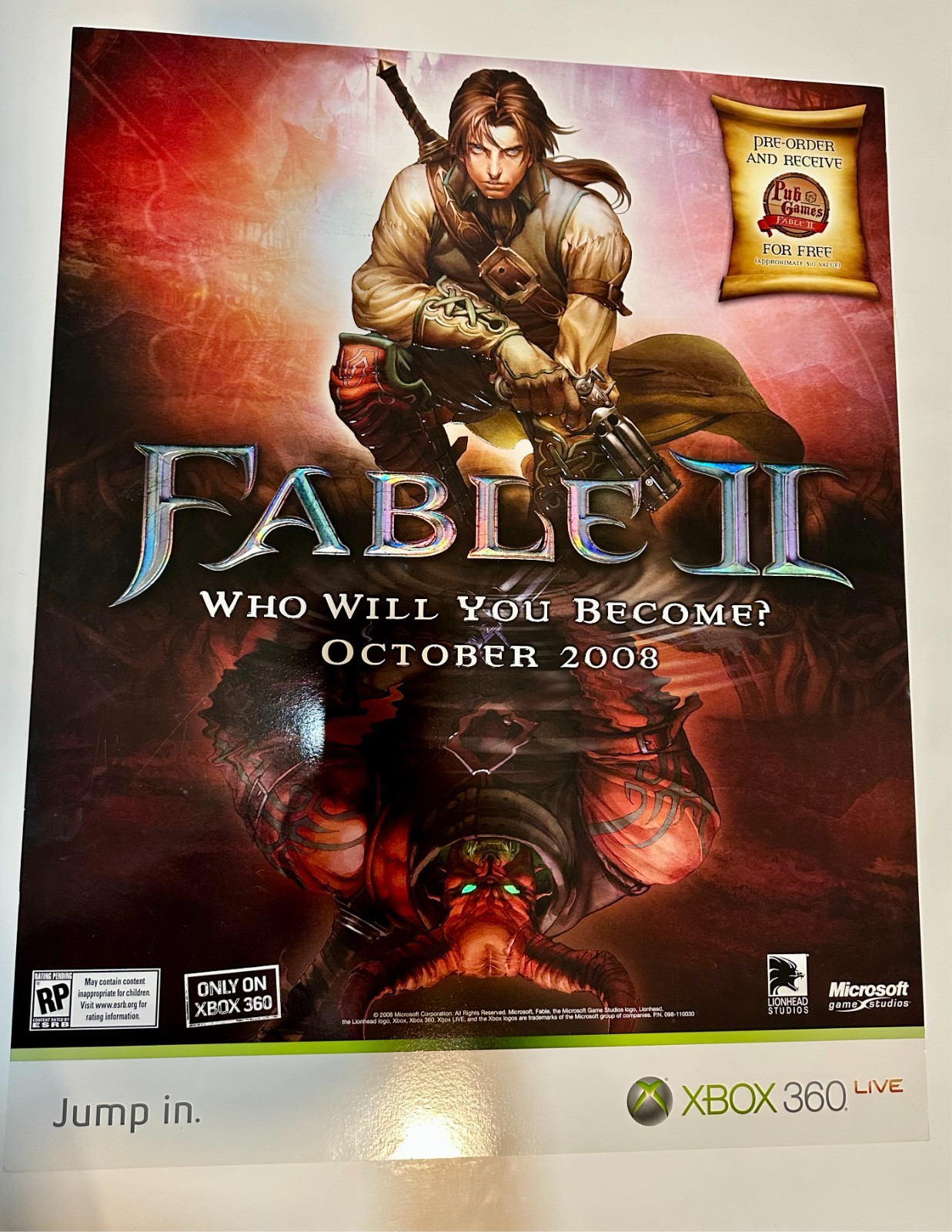 🔥 Fable II XBox 360 Vintage Video Game EMBOSSED RETAIL PROMO Poster RARE🔥