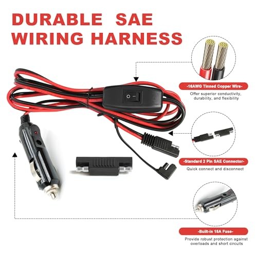 SAE Battery Charger Cable Wire Harness 10FT 16AWG – 1Pack Cigarette Lighter