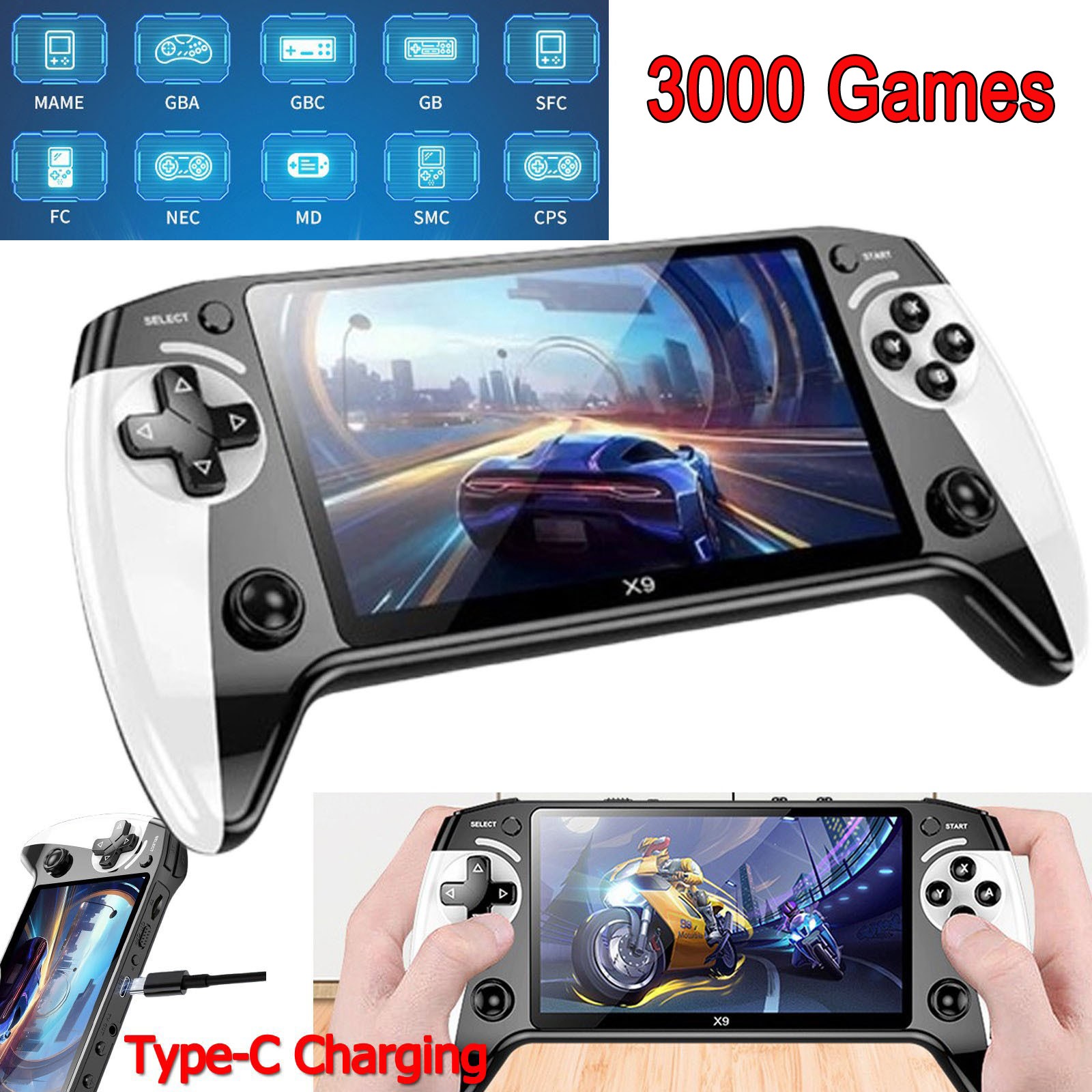 X9 Handheld Game Console 3000 Games 5.5 Inch 2000mAh Retro Video Game Player JQ