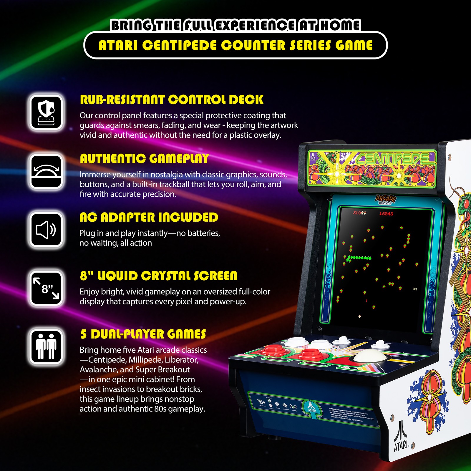 Arcade Classics Atari Centipede Counter Series Arcade Game with 8 Inch Screen