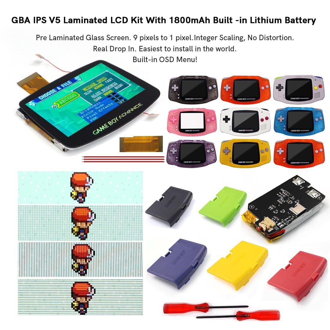 Hispeedido V5 Laminated IPS LCD Kit+Pre-cut Shell W/Rechargable Battery For GBA