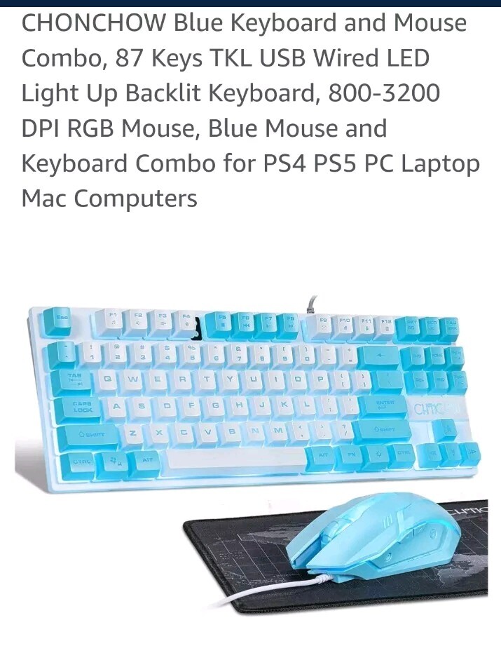 Blue Keyboard and Mouse Combo, 87 Keys TKL USB Wired LED Light Up Backlit Key…