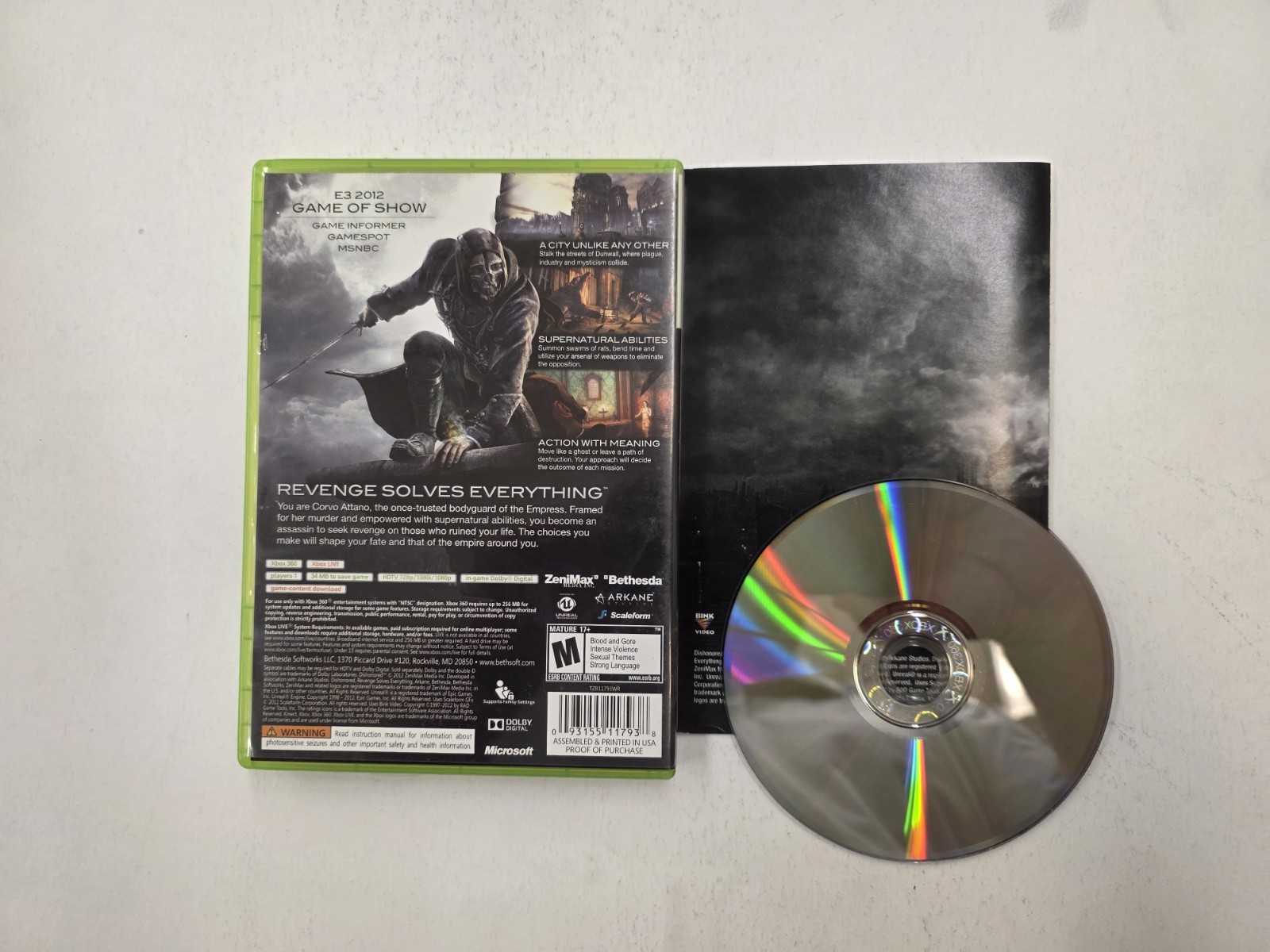 Dishonored (Microsoft Xbox 360, 2012) Complete w/ Manual – Tested Working
