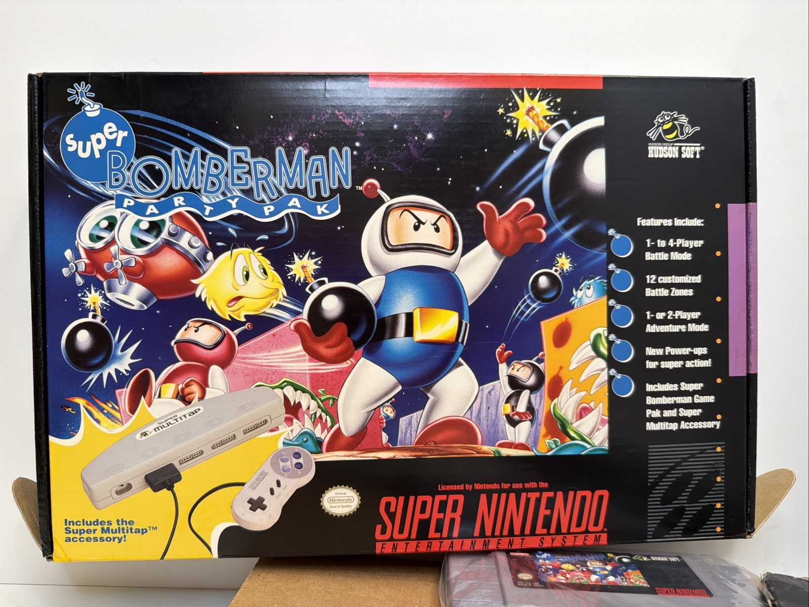 Super Bomberman Party Pak Big Box SNES Super Nintendo Game CIB Complete w/Tray