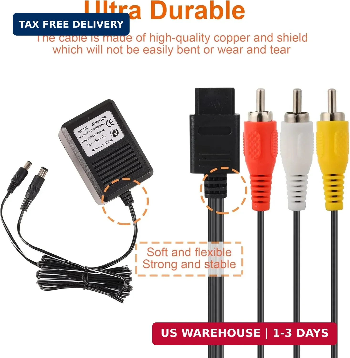 Power Supply and AV Cable for SNES, AC Power Adapter and Audio Video RCA AV Cabl