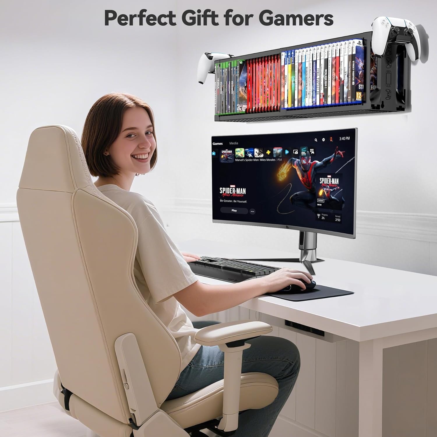 2-Tier Game Organizer Shelf Stand for Wall Mount and Desk Display Storage