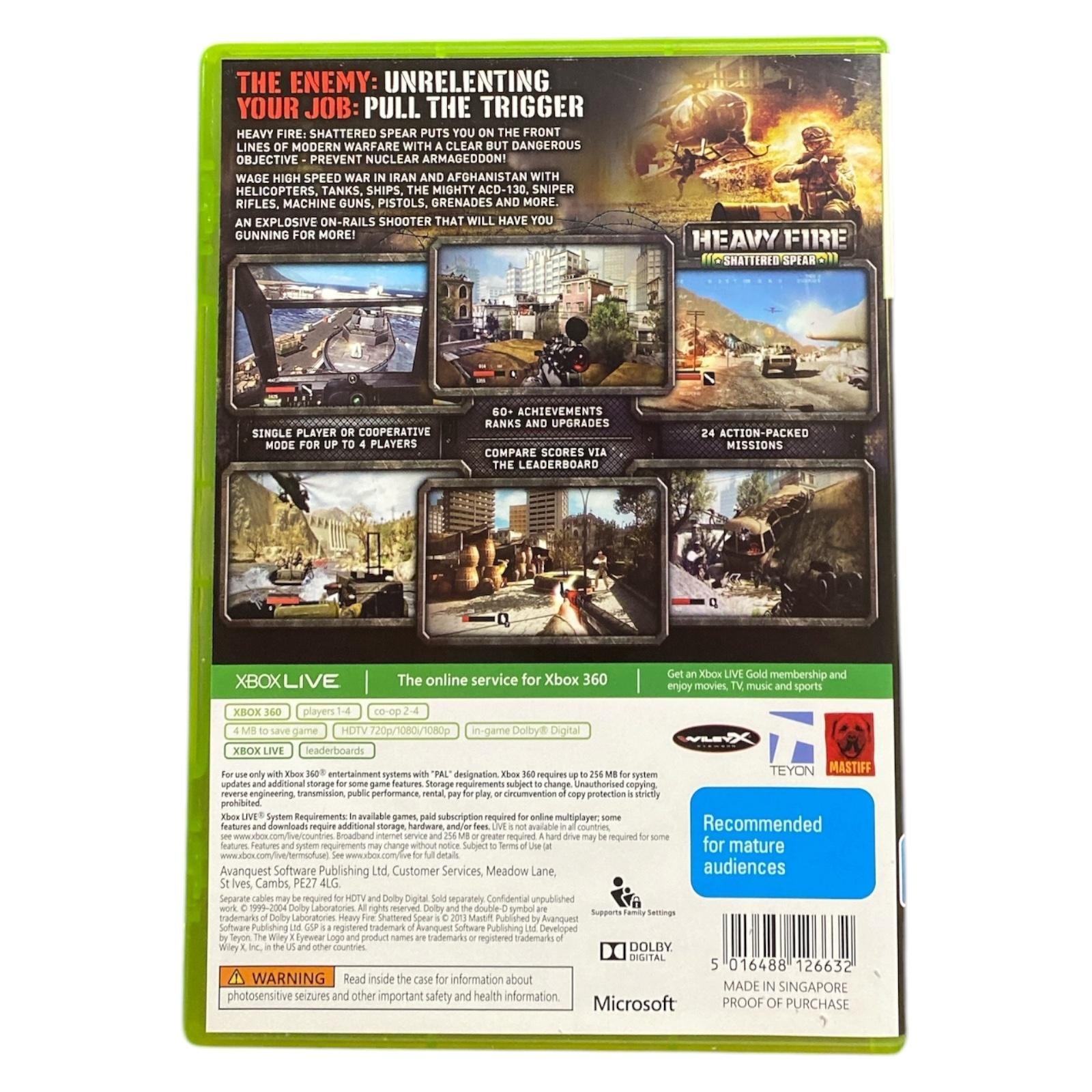 Heavy Fire: Shattered Spear Xbox 360 Game PAL Teyon Shooter M Singapore