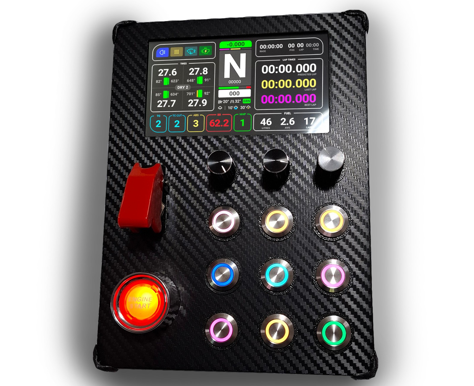 Simracing Buttonbox Display Dashboard 5″ RGB Metal Buttons Light Lever Start ENG