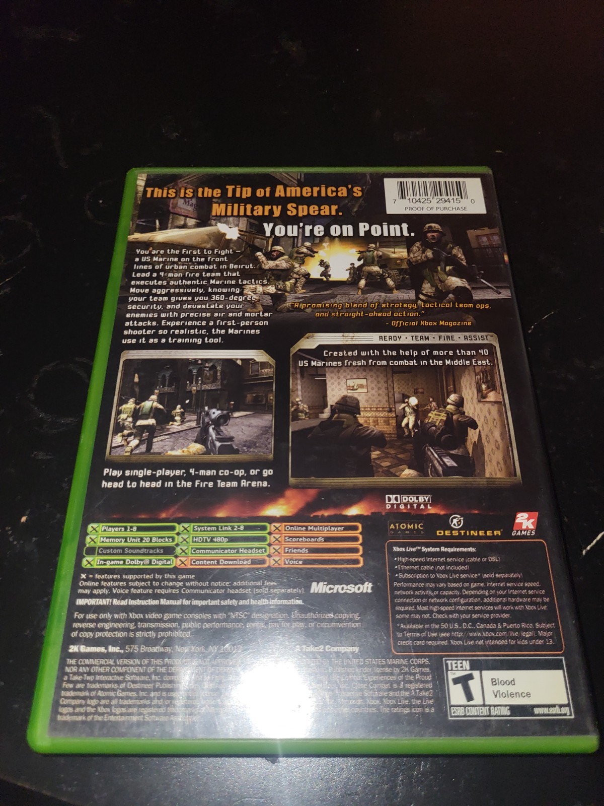 Xbox First To Fight United States Marines Video Game 2005 2K Games Close Combat