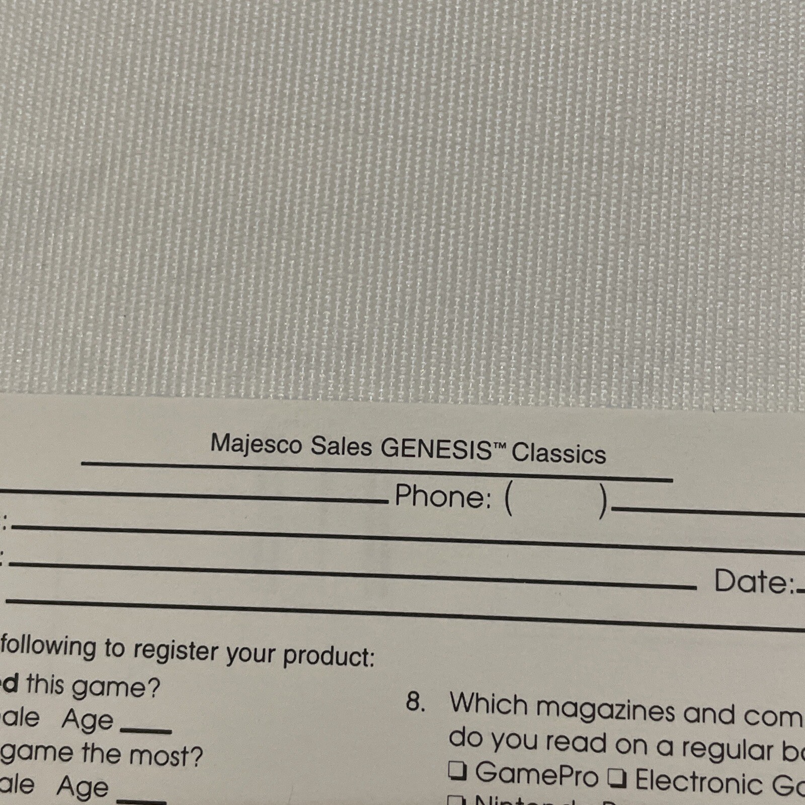 Vintage SEGA Genesis Classics MAJESCO Game Warranty Registration Card Insert