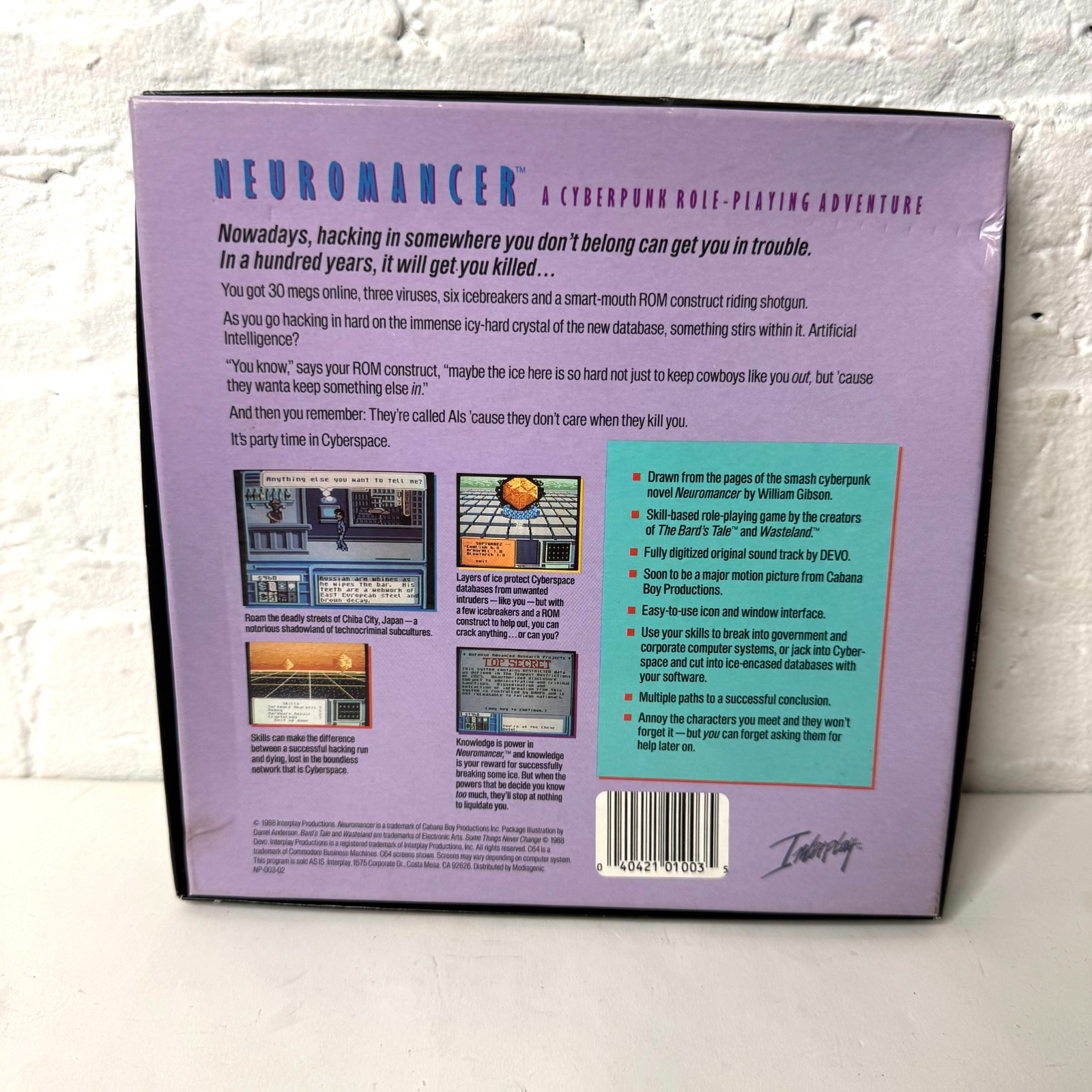 Neuromancer Apple IIe IIc IIGS Interplay 1988 – BOX & INSERTS ONLY – NO GAME