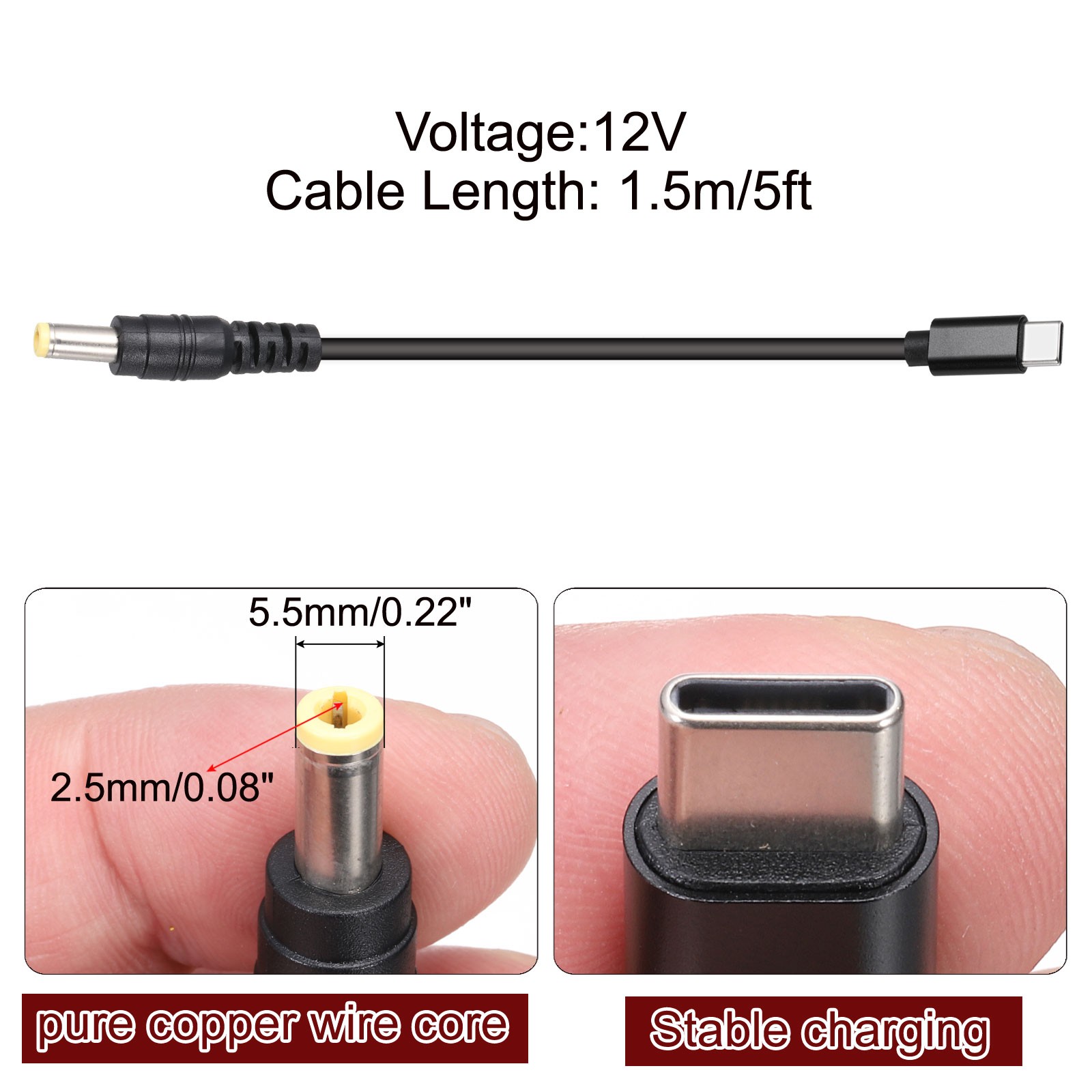 5FT USB C to DC PD Power Fast Charging Cable, 5.5×2.5mm 65W/12V(Black)