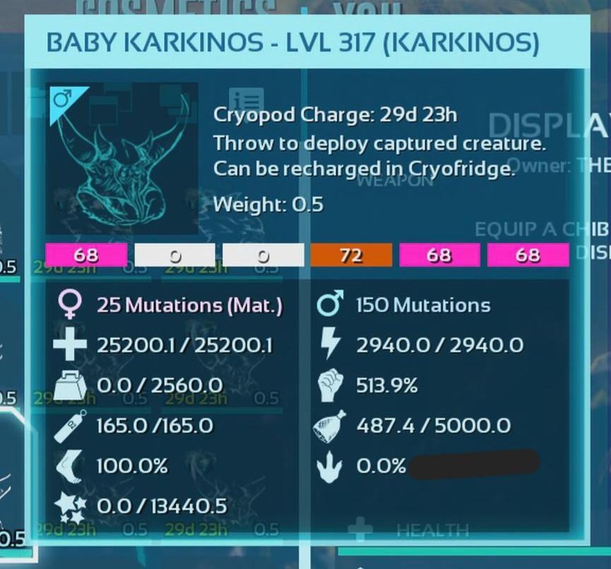 ARK ASCENDED PVE OFFICIAL PAIR BABY KARKINOS PINK 25K HP 2.5K WEIGHT 513 MELEE