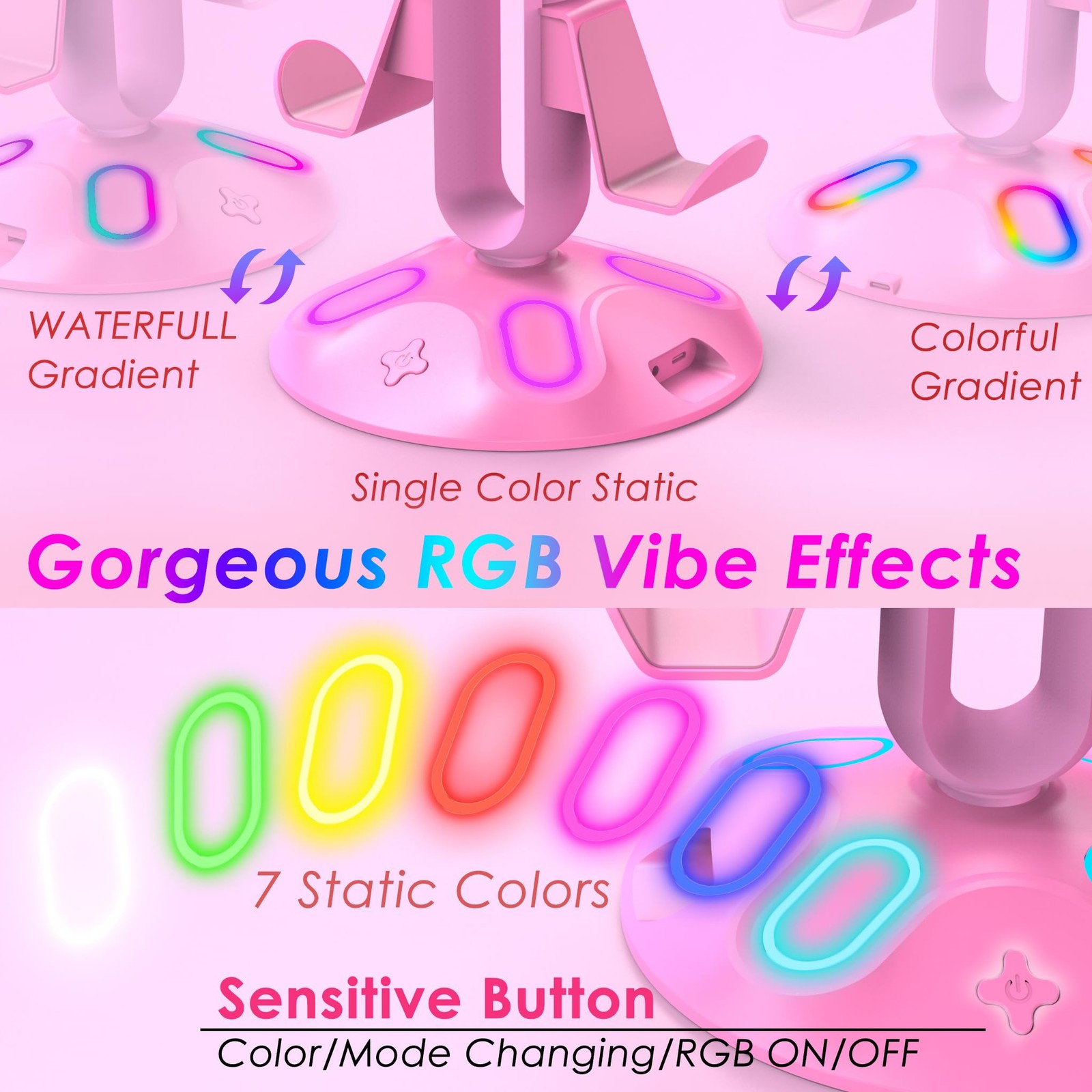 Pink Gaming RGB Headphone Stand with 9 Modes, Controller & USB/Type-C Charger