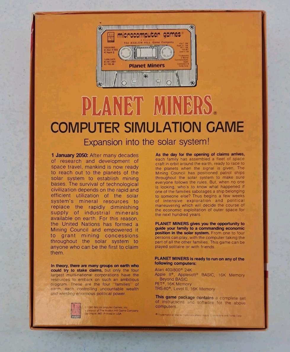 Vintage 1980 Planet Miners Game-Cassette-Commodore 64-Microcomputers-Simulation