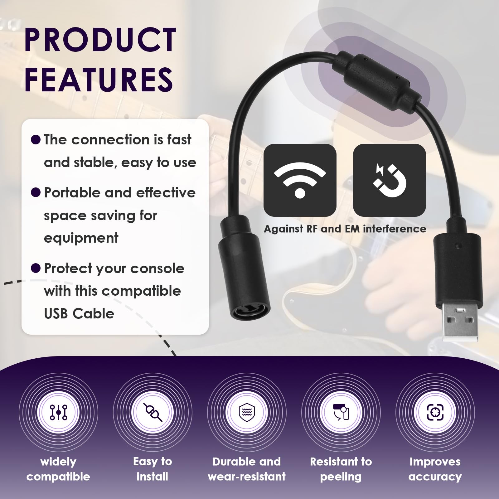 USB Breakaway Cable For Xbox 360 Rocksmith Guitar Hero Controller Dongle 6ft