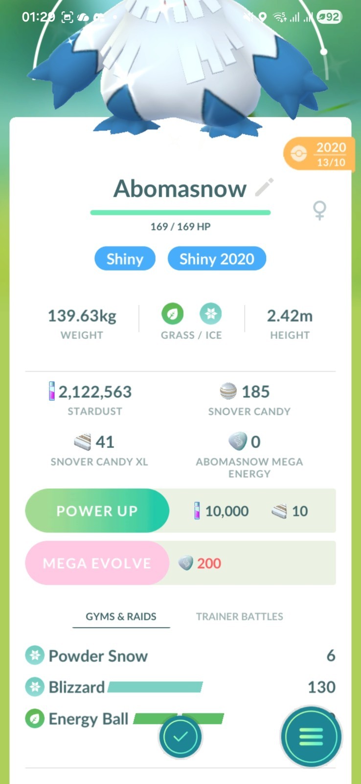 Shiny Abomasnow ( Caught In 2020 ) ( Maxed Level 40 ) ( 3 Moves ) Pokemon Tr@de