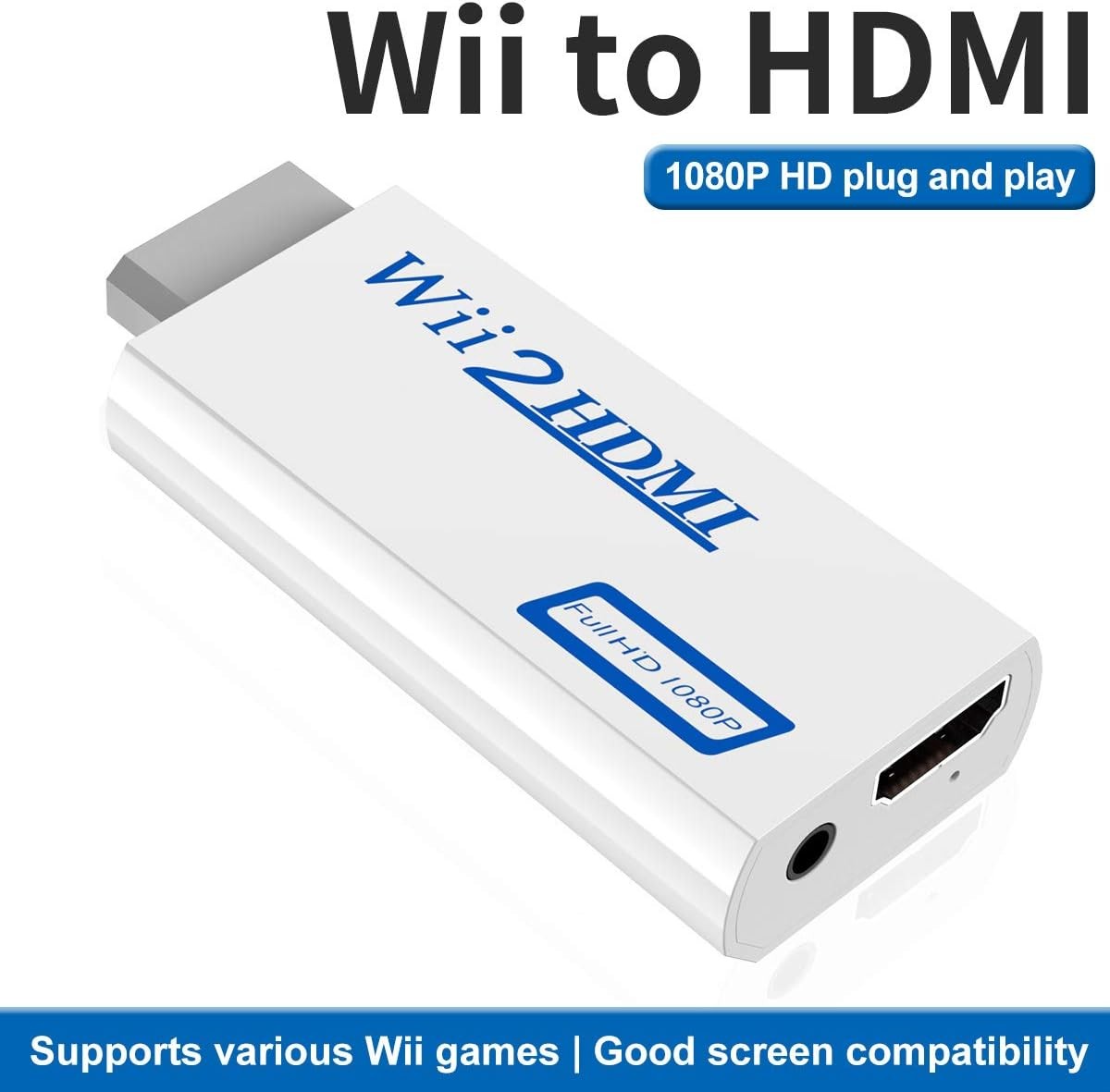 Wii to HDMI Adapter Converter with 3.5mm Audio Jack & 1080p 720p white