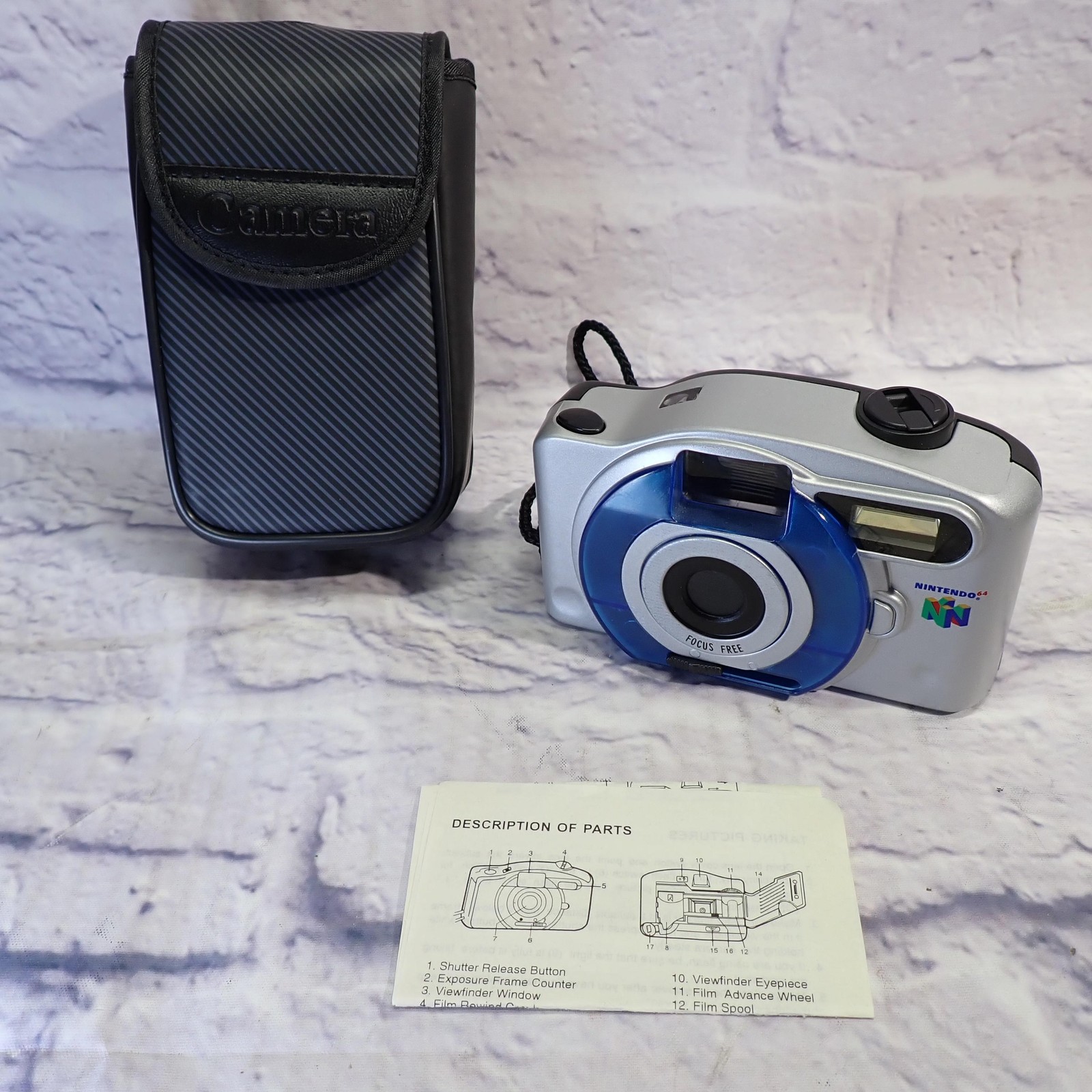 Vintage Nintendo 64 Focus Free Film Silver Blue Camera W/ Case Manual China
