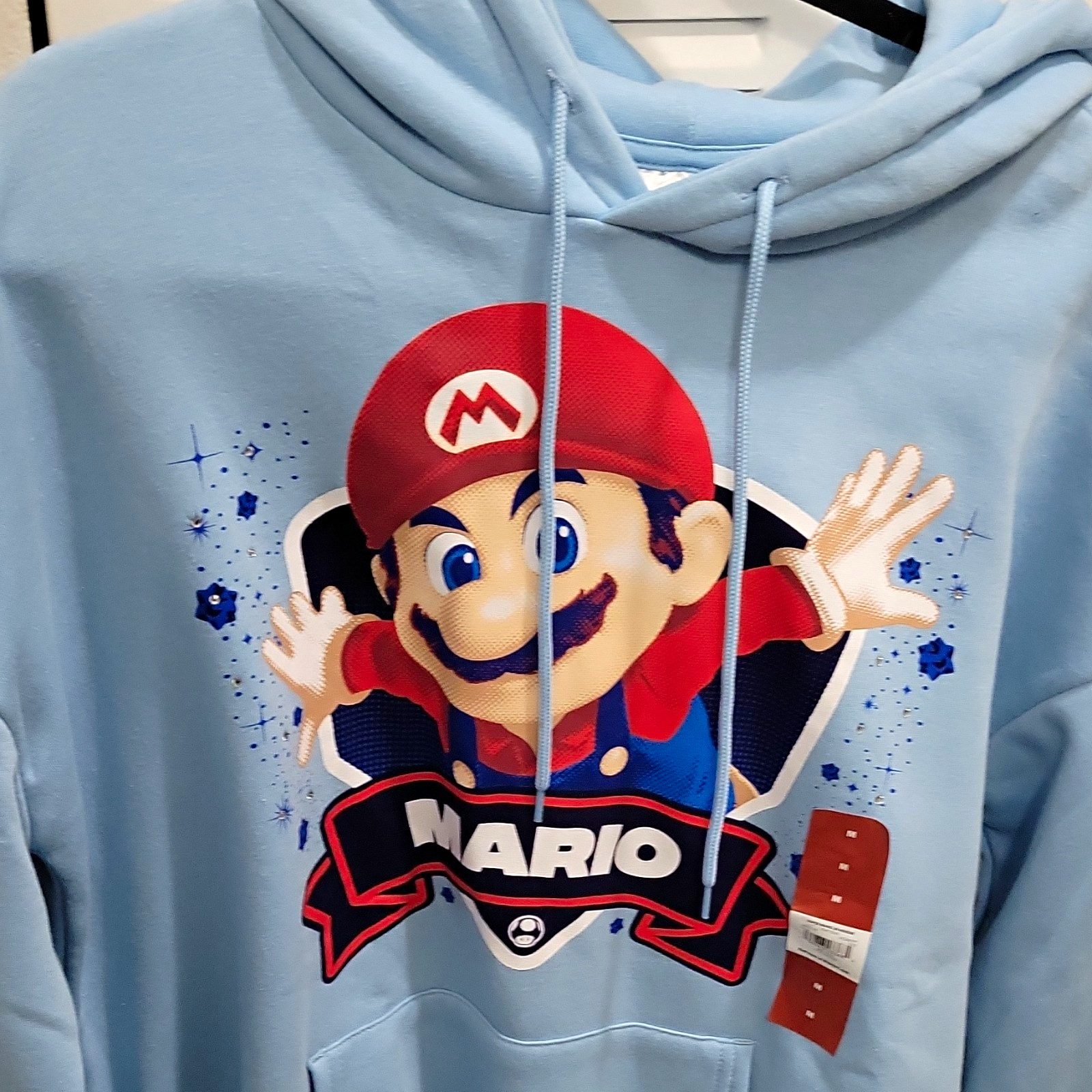 Super Mario Mario Light Blue Hooded Pullover Hoodie Sweatshirt M “Here We Go”