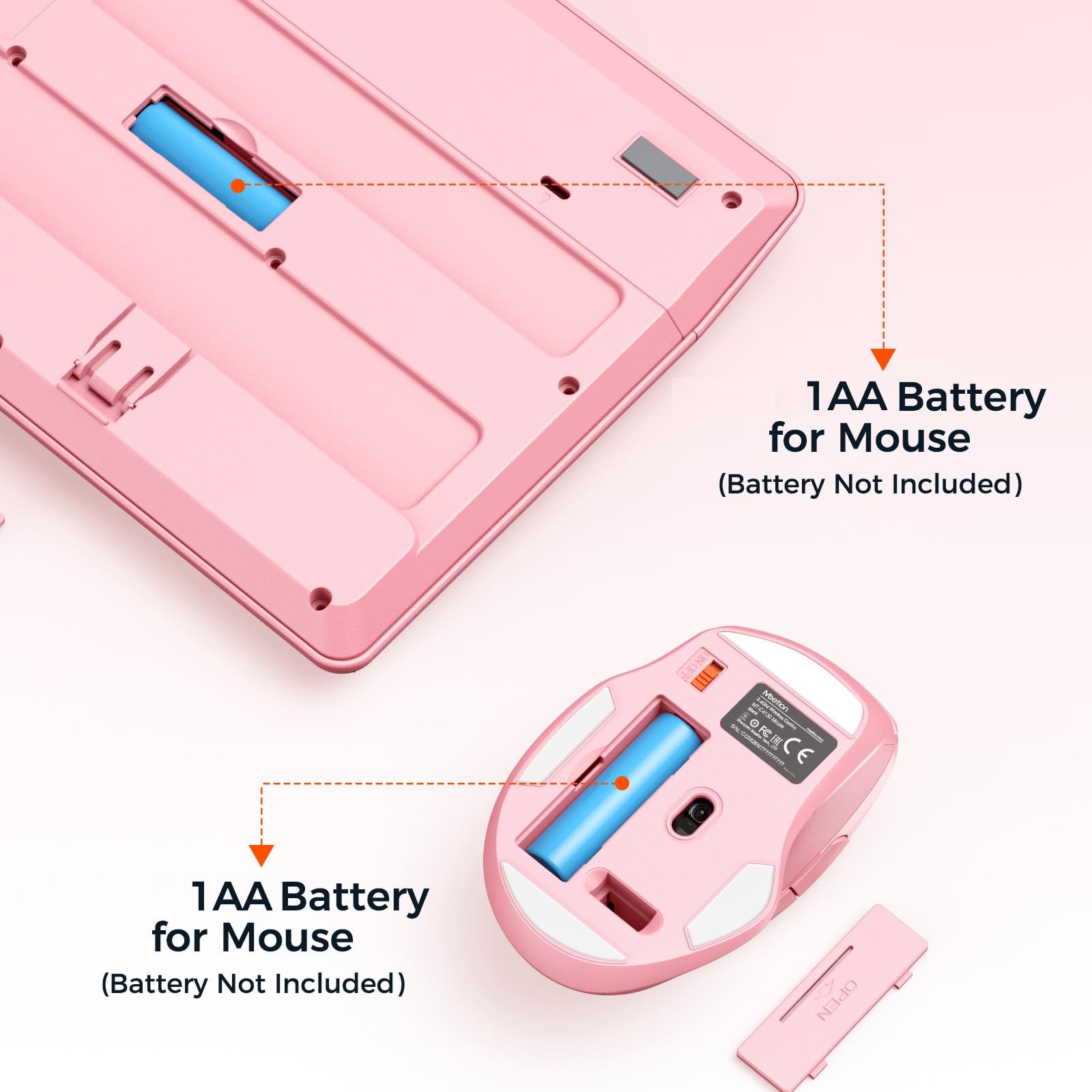 MEETION Wireless Keyboard and Mouse, Full-Sized Cordless with Pink