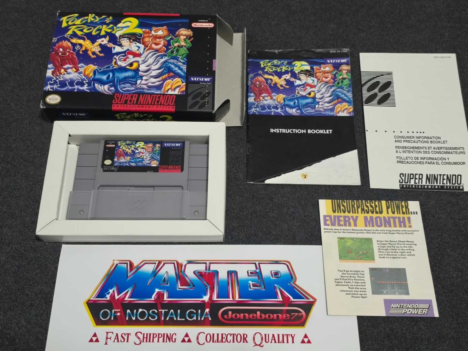 SNES POCKY & ROCKY 2 Complete CIB Box Game Super Nintendo RARE Natsume