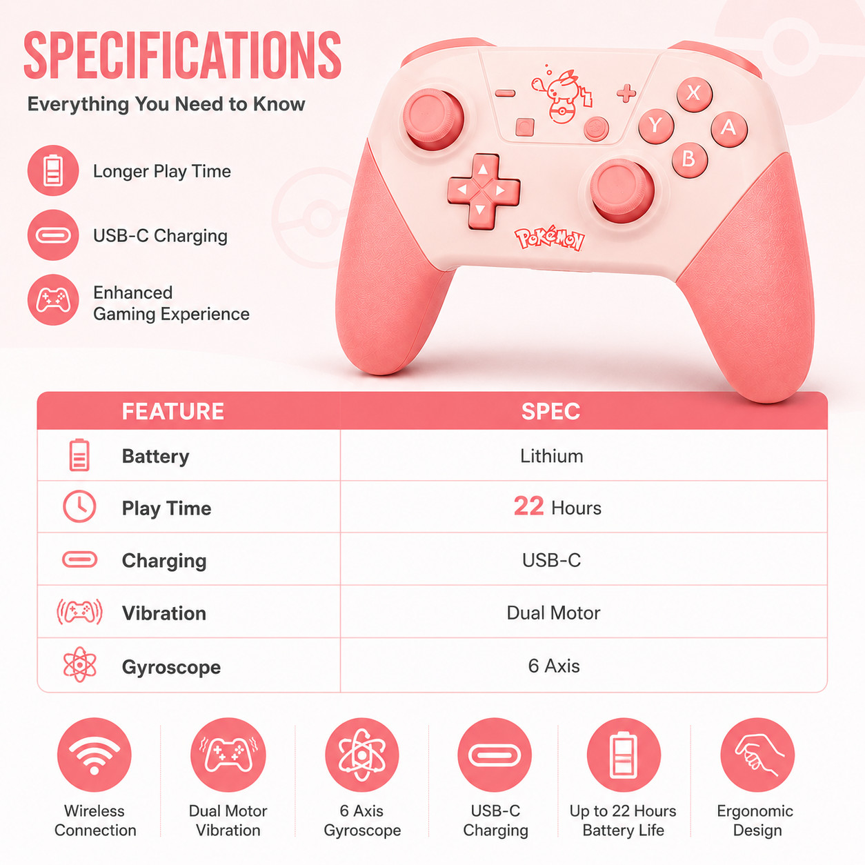 Wireless Pro Controller for Switch OLED Lite Bluetooth USB-C Dual Vibration Pink