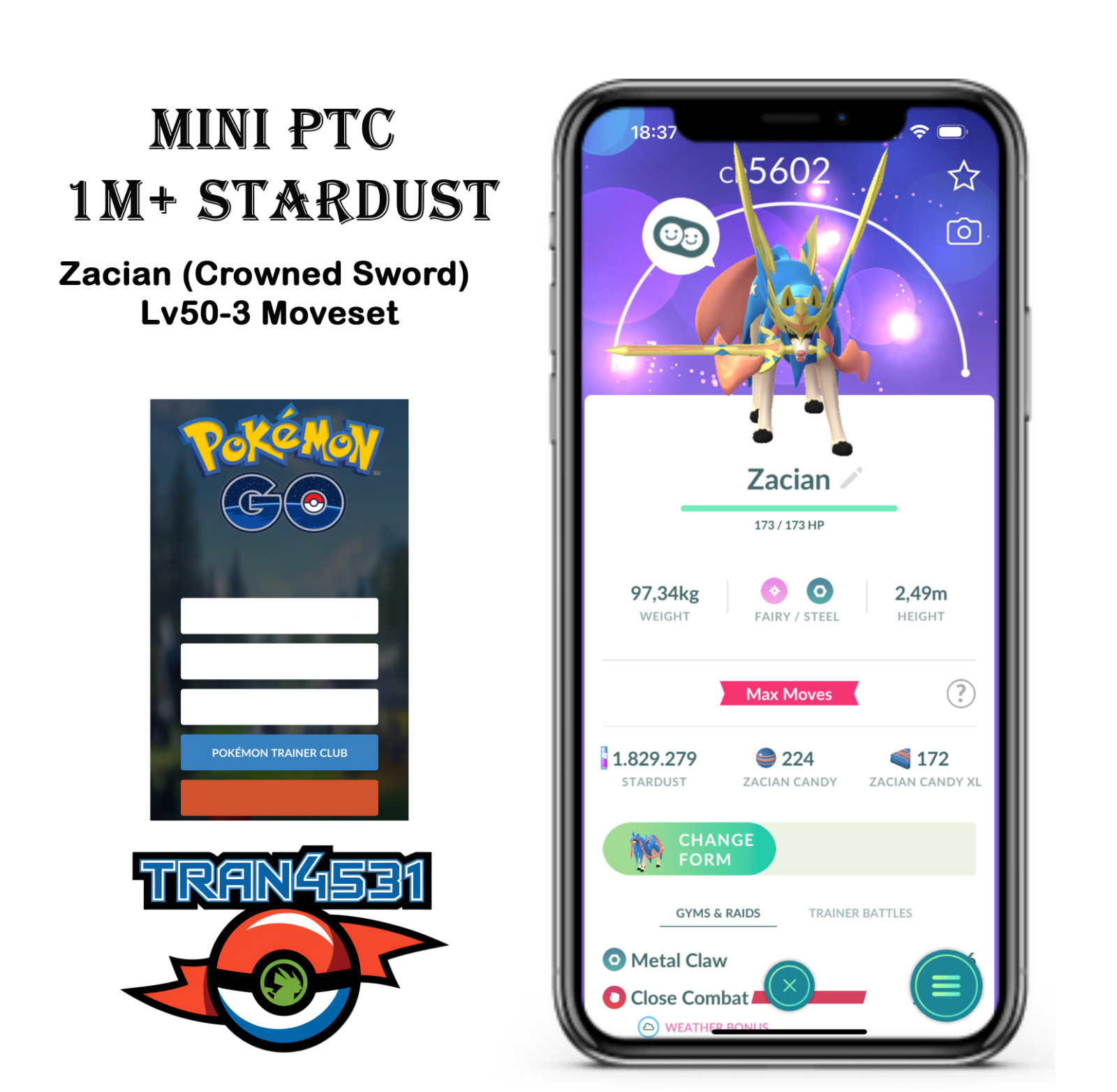 Zacian (Crowned Sword) lv50 – Mini PTC 1m Stardust