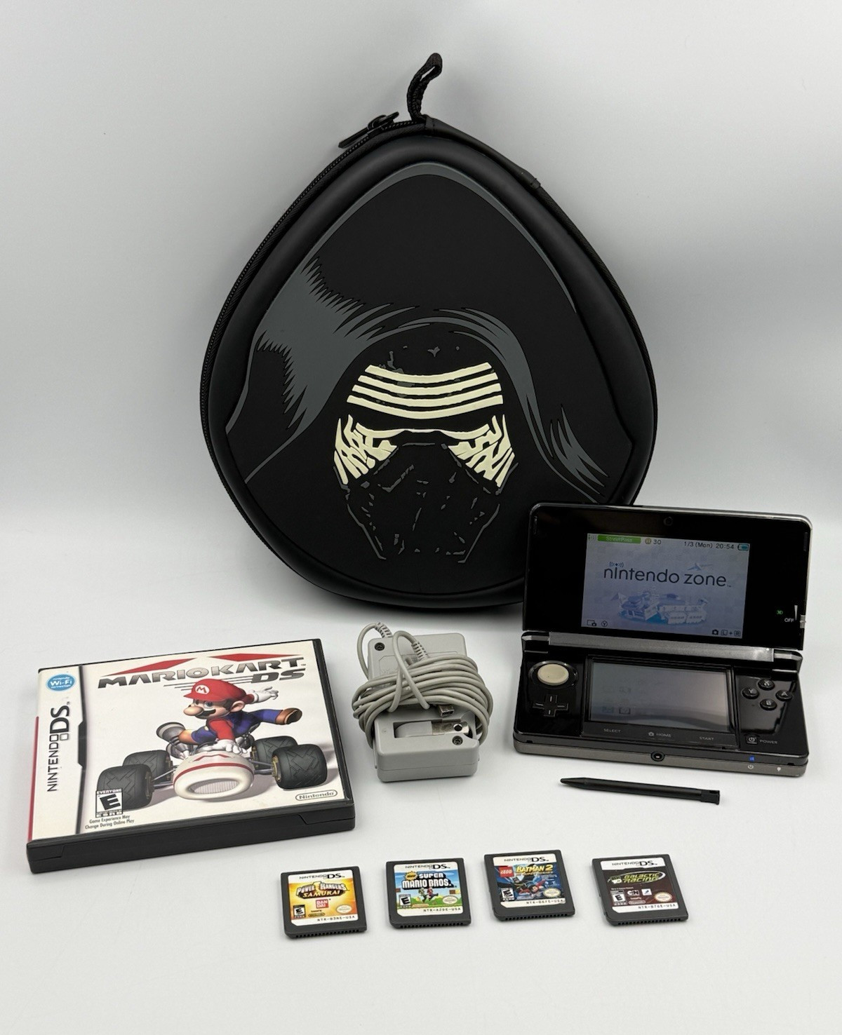 Nintendo 3DS Cosmo Black Bundle 5 Games Mario Kart CIB OEM Charger Tested