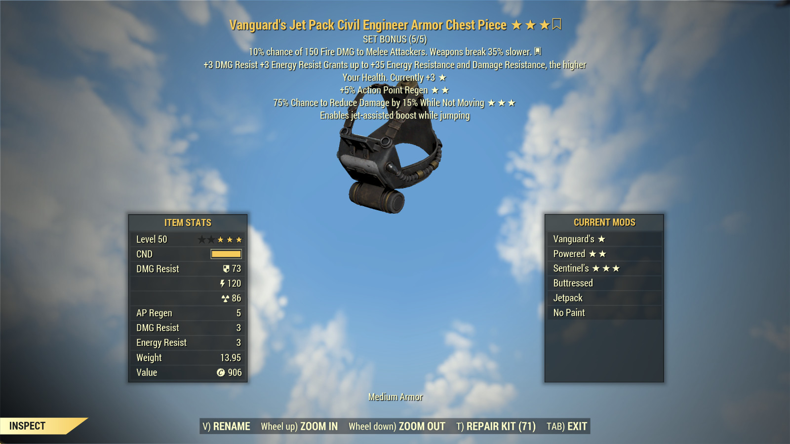 FALLOUT 76 PC CIVIL ENGINEER ARMOR SET VANGUARD’S POWERED SENTINEL’S +HELMET
