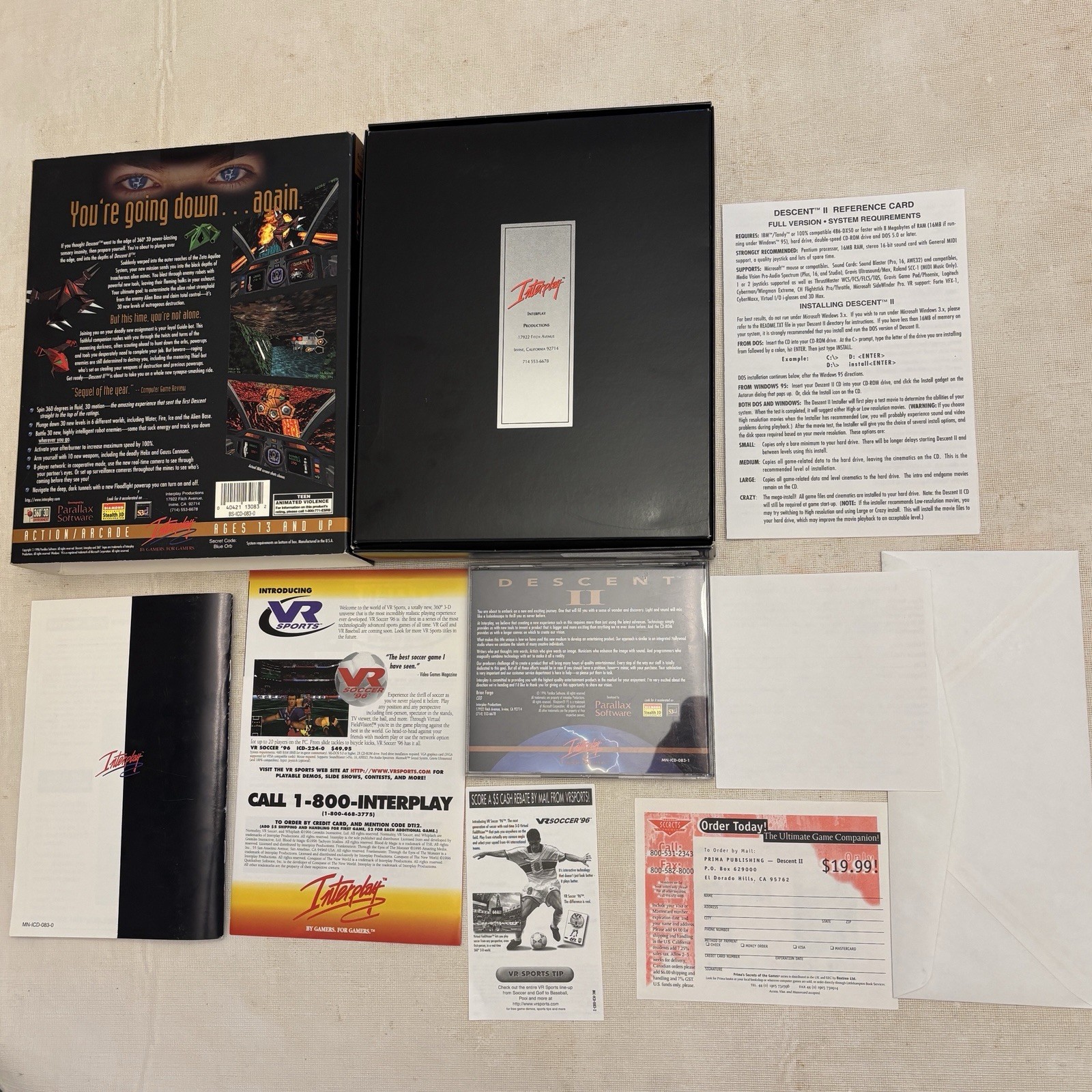 Descent II 2 PC Game 1996 Interplay 1 Disc Complete Big Box W/Everything Tested!