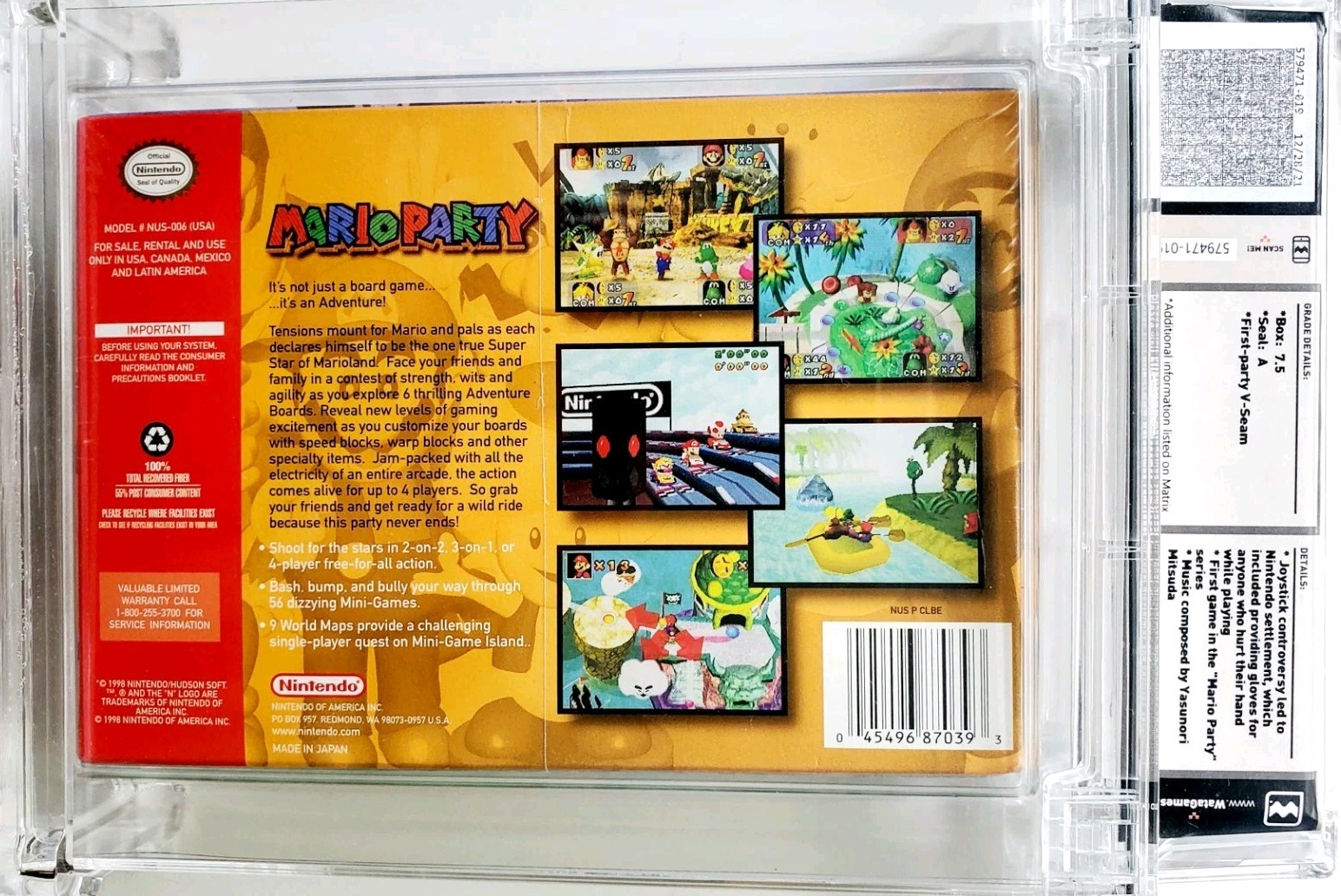 New MARIO PARTY 1 Nintendo 64 N64 1998 Graded WATA PSA 7.5 A – POP 16 RARE GRAIL