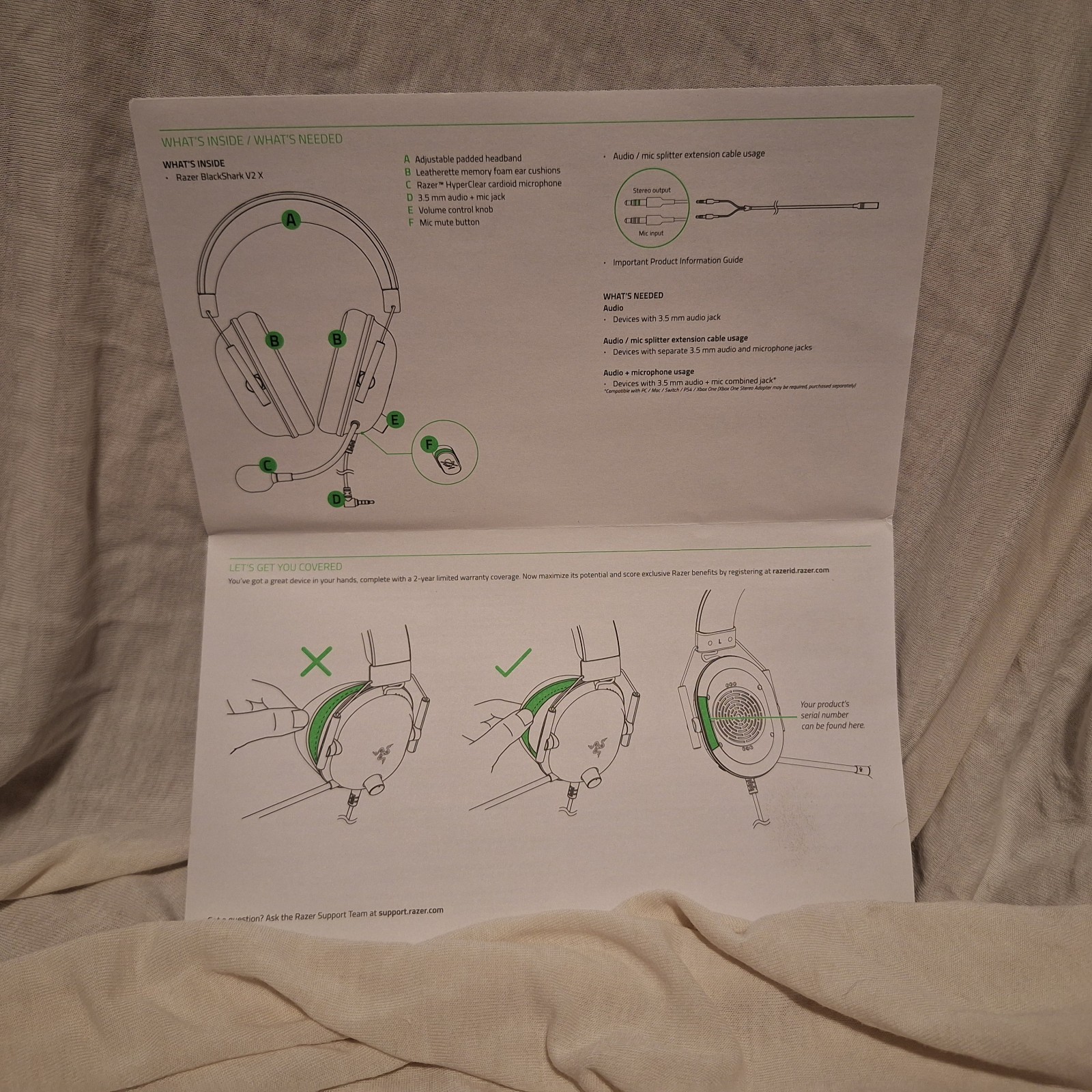 Razer Blackshark V2 X Black Over the Ear Gaming Headset Wired Lightly Used w/Box