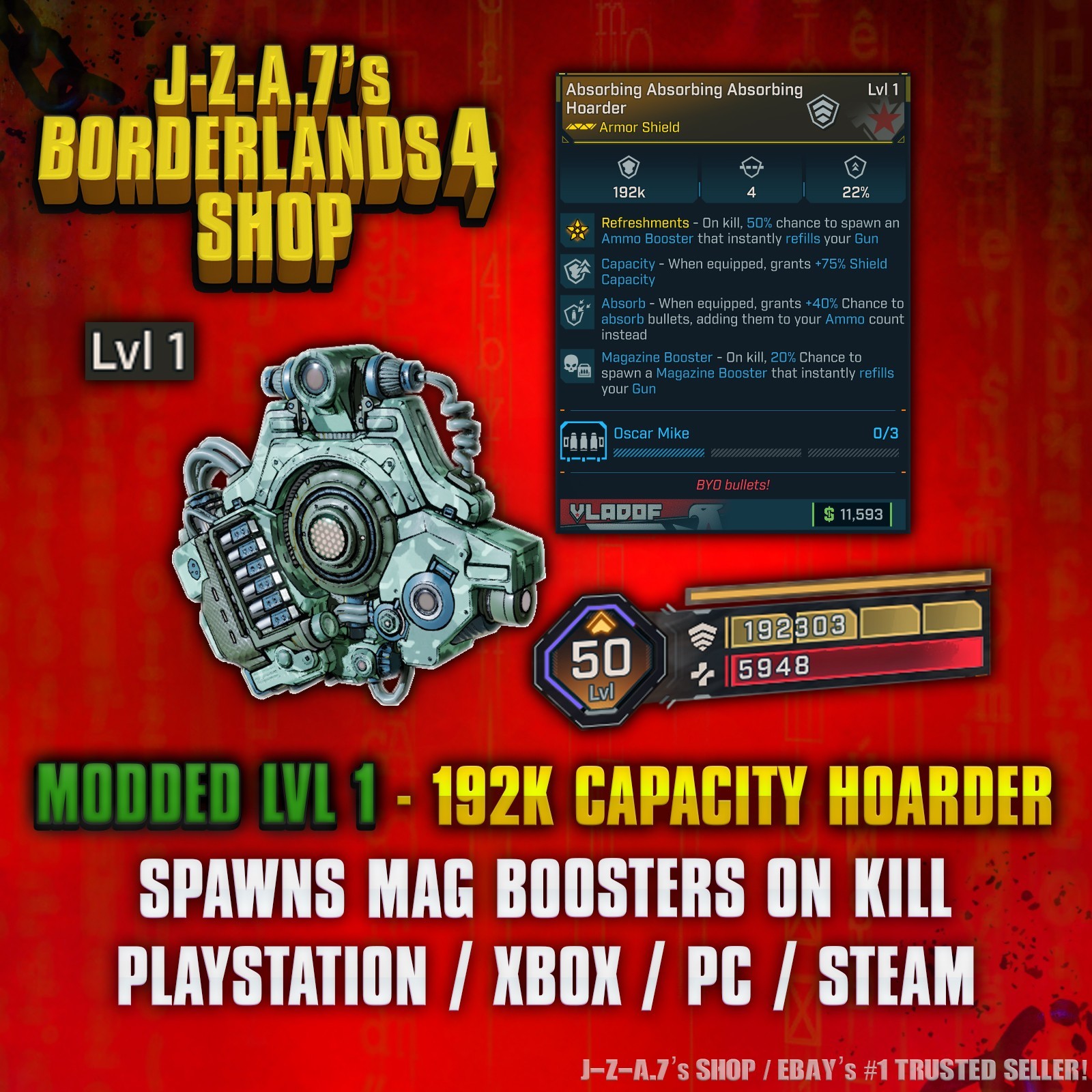 Borderlands 4✨ MODDED LEVEL ONE 192K CAP HOARDER SHIELD LVL 1 BL4✅PC-PS-XBOX✨