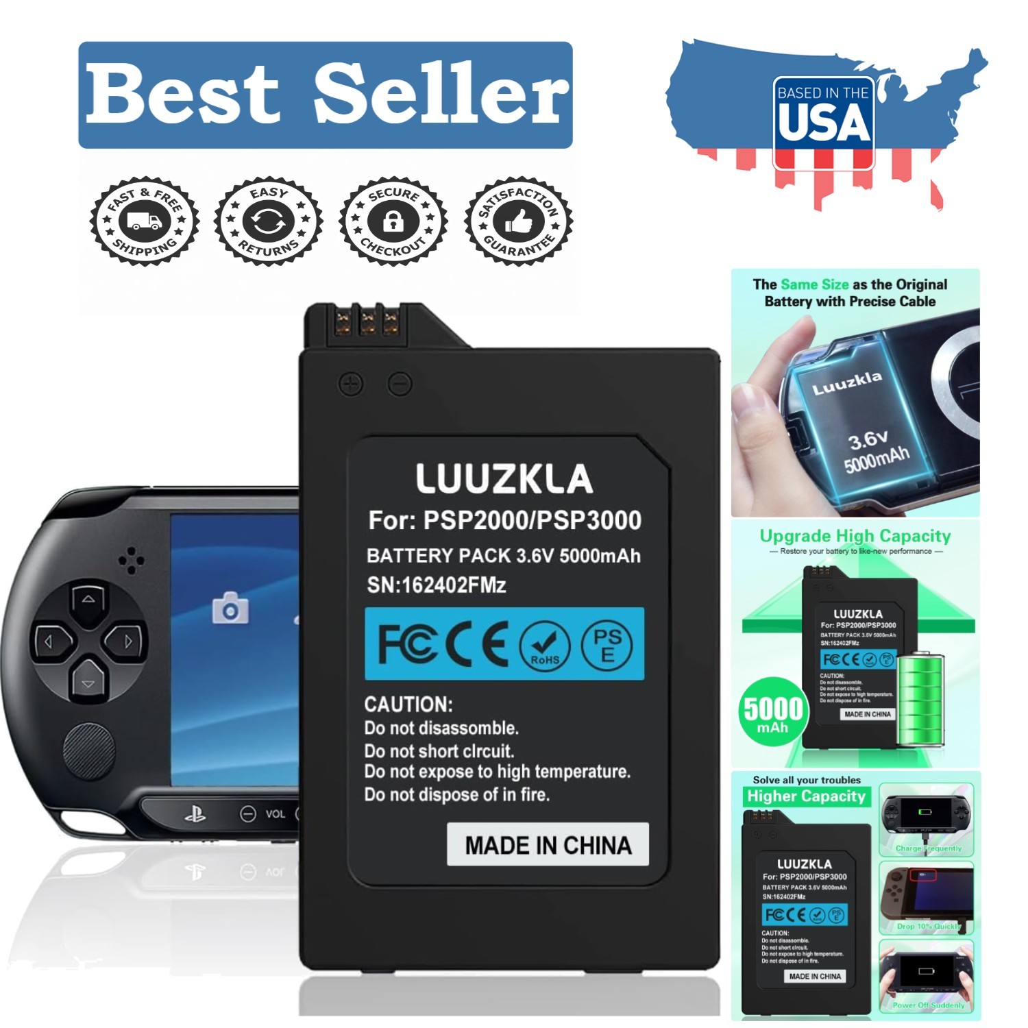 5000mAh Replacement Battery for PSP 2000/3000 – Upgrade with 24-