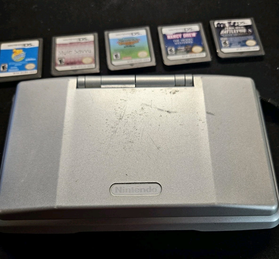 Nintendo DS Original NTR-001 Console Silver Tested W/ Stylus and 5 games