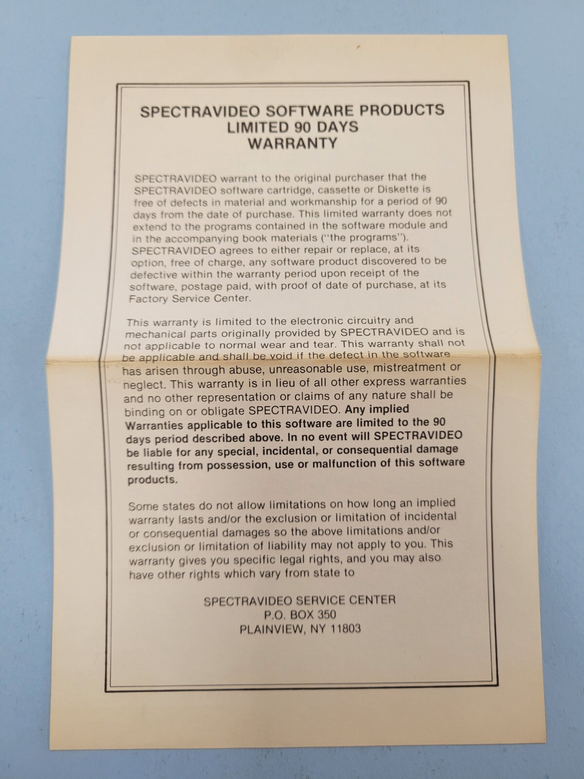 SPECTRAVIDEO 90 Days Warranty Insert