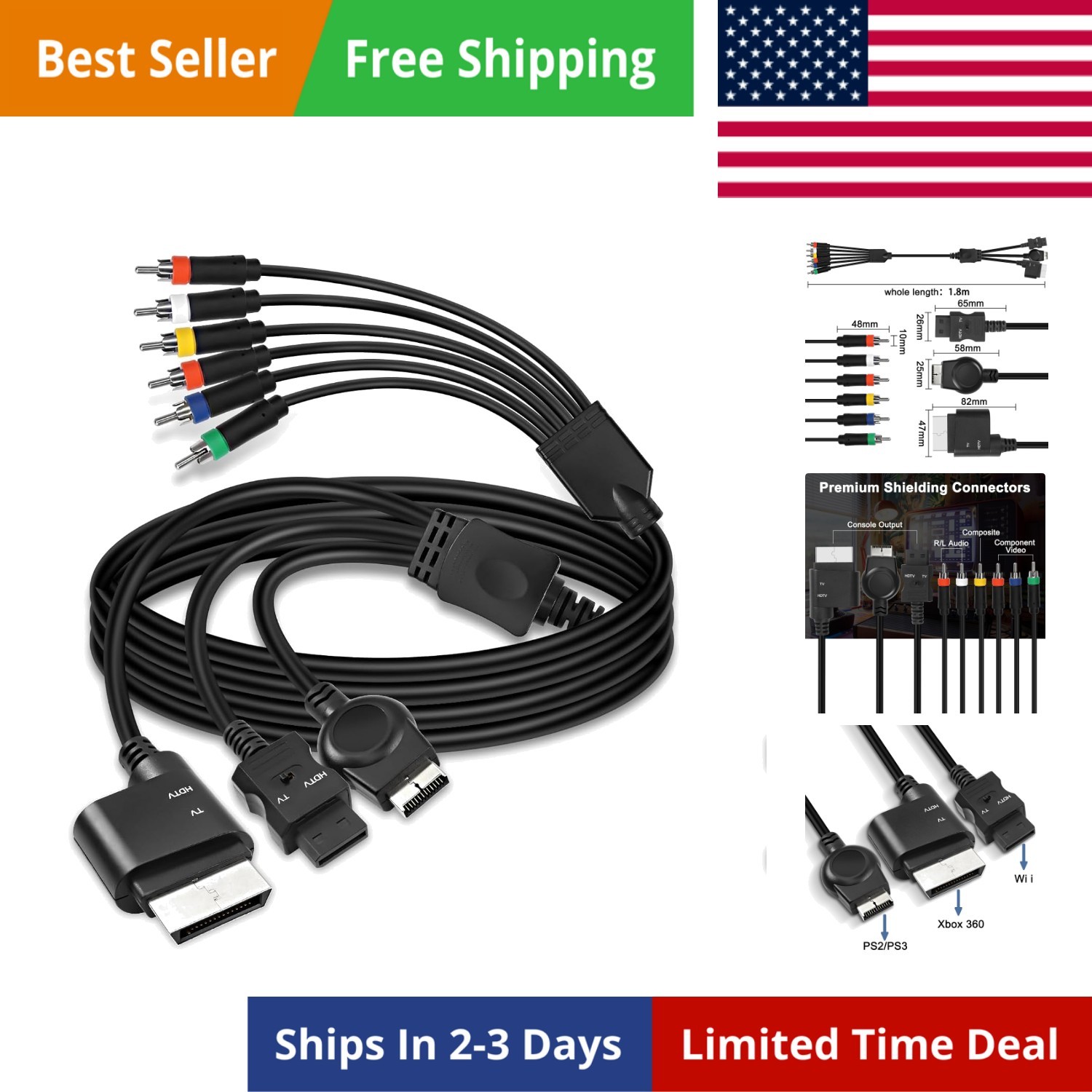 PS2 PS3 Component RCA AV HDTV Cable Compatible with Xbox 360 / WII RCA YPbPr …