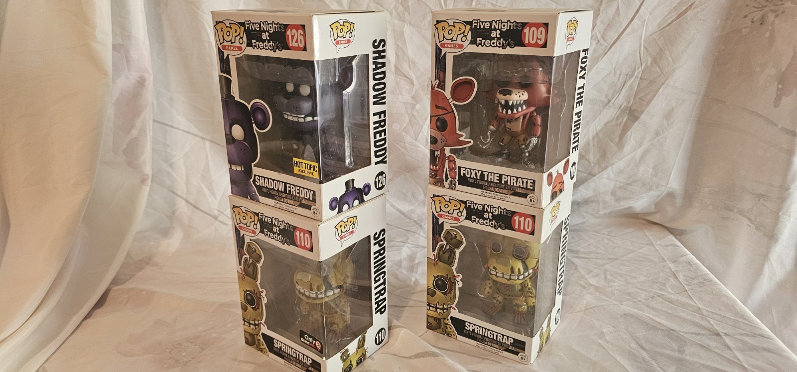 Funko Pop FNAF Lot – #110 Springtrap (un/flocked), #126 Shadow Freddy, #109 Foxy