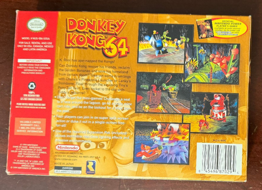 Donkey Kong 64 (Nintendo 64 1999) Yellow Cartridge CIB + Expansion Pak TESTED