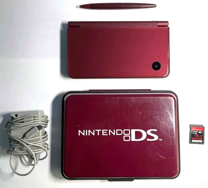 Nintendo DSi XL Burgundy Console Bundle USA Tested – 32GB SD Case OEM Charger