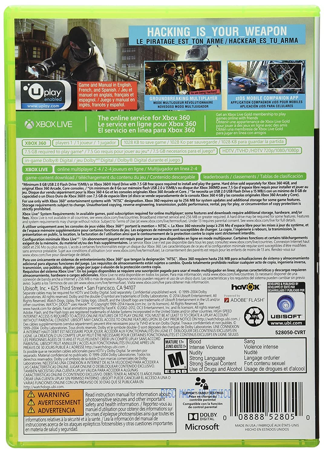 Watch Dogs Video Game for Xbox 360 Rated M 17+ Online Multiplayer Uplay Enabled